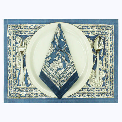 Floral Blue and White Block Printed Set Of 4 Napkins - My Store