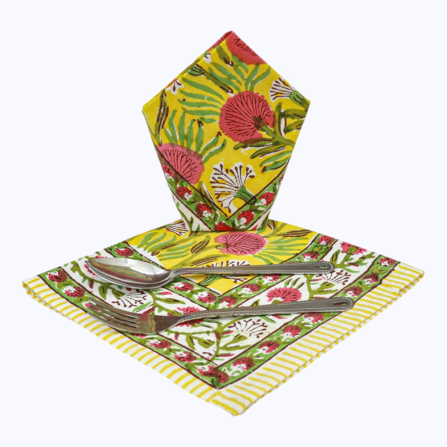 Yellow & Red Hand Block Printed Cotton Napkins Set Of 4 - My Store