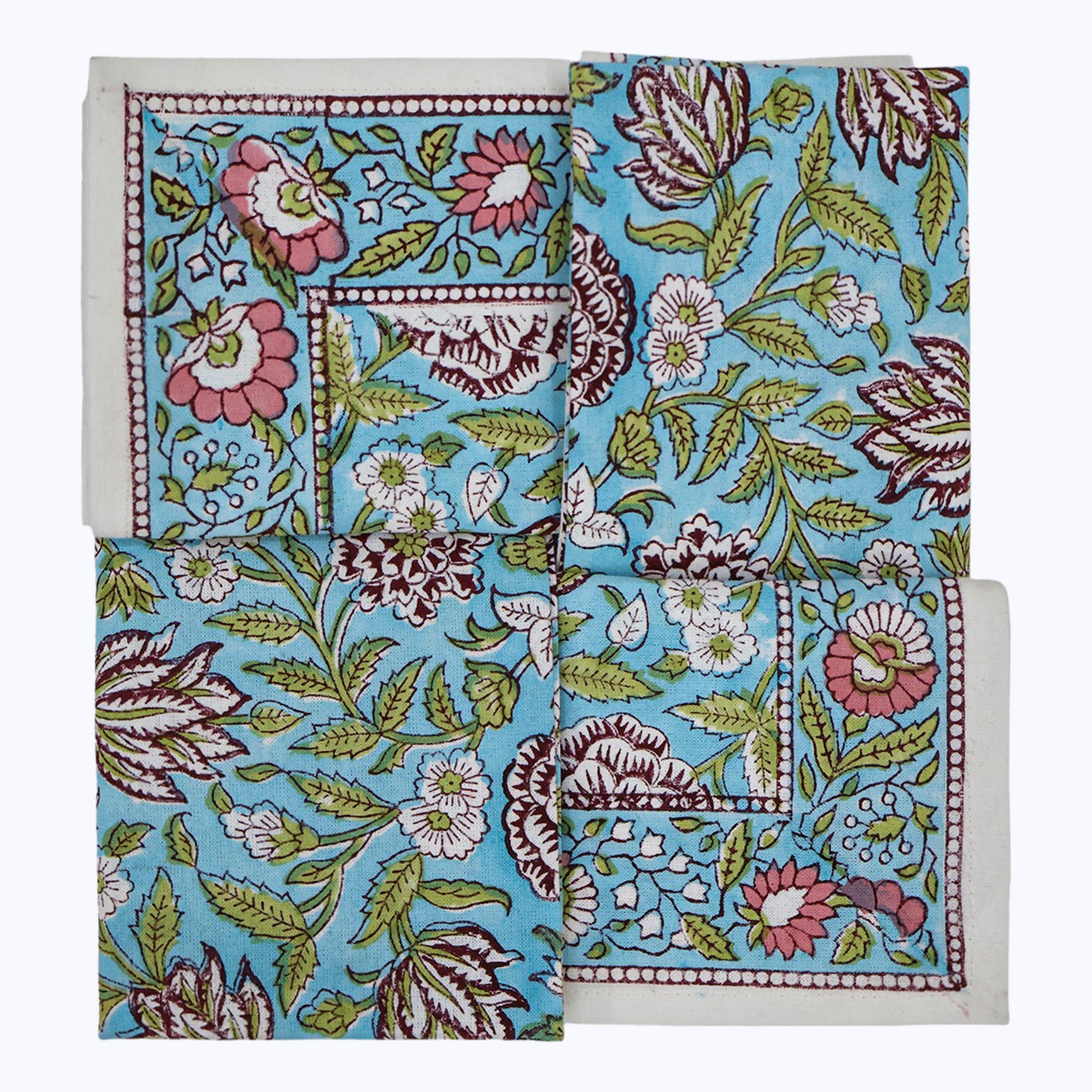 Green With Red Handmade Block Printed Cotton Napkins Set Of 4 - My Store