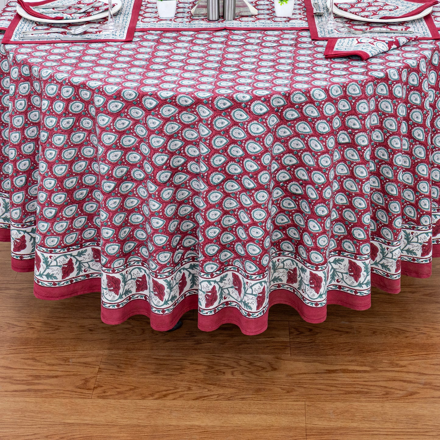 Red and White Cotton Hand Block Printed Round Tablecloth - My Store