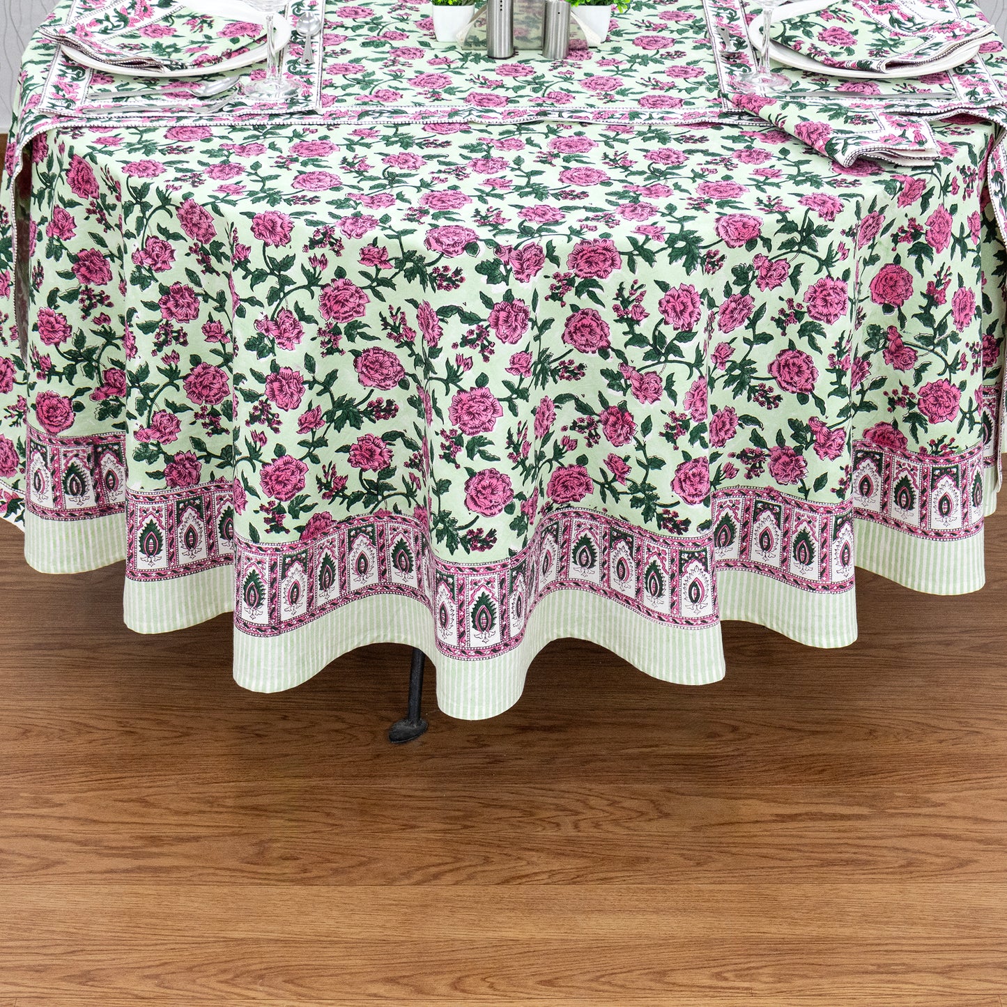 Pink and Green Hand Block Printed Round Tablecloth - My Store
