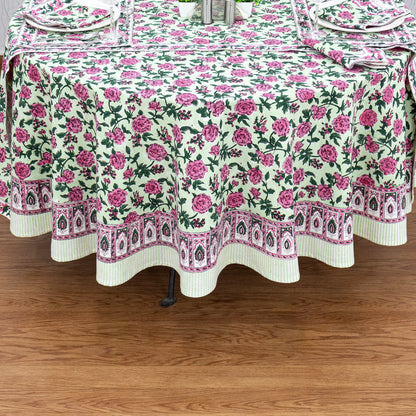 Pink and Green Hand Block Printed Round Tablecloth - My Store