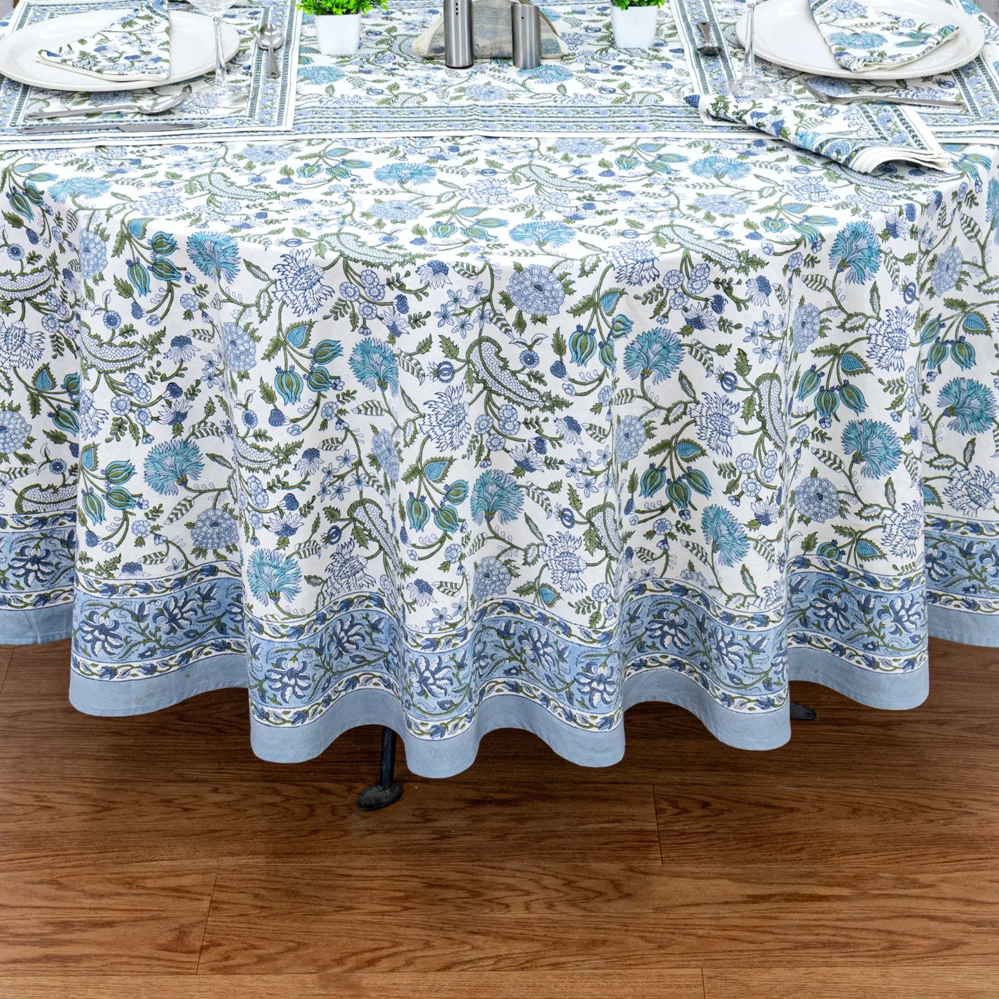 Baby Blue and White Floral Block Printed Round Table Cover - My Store