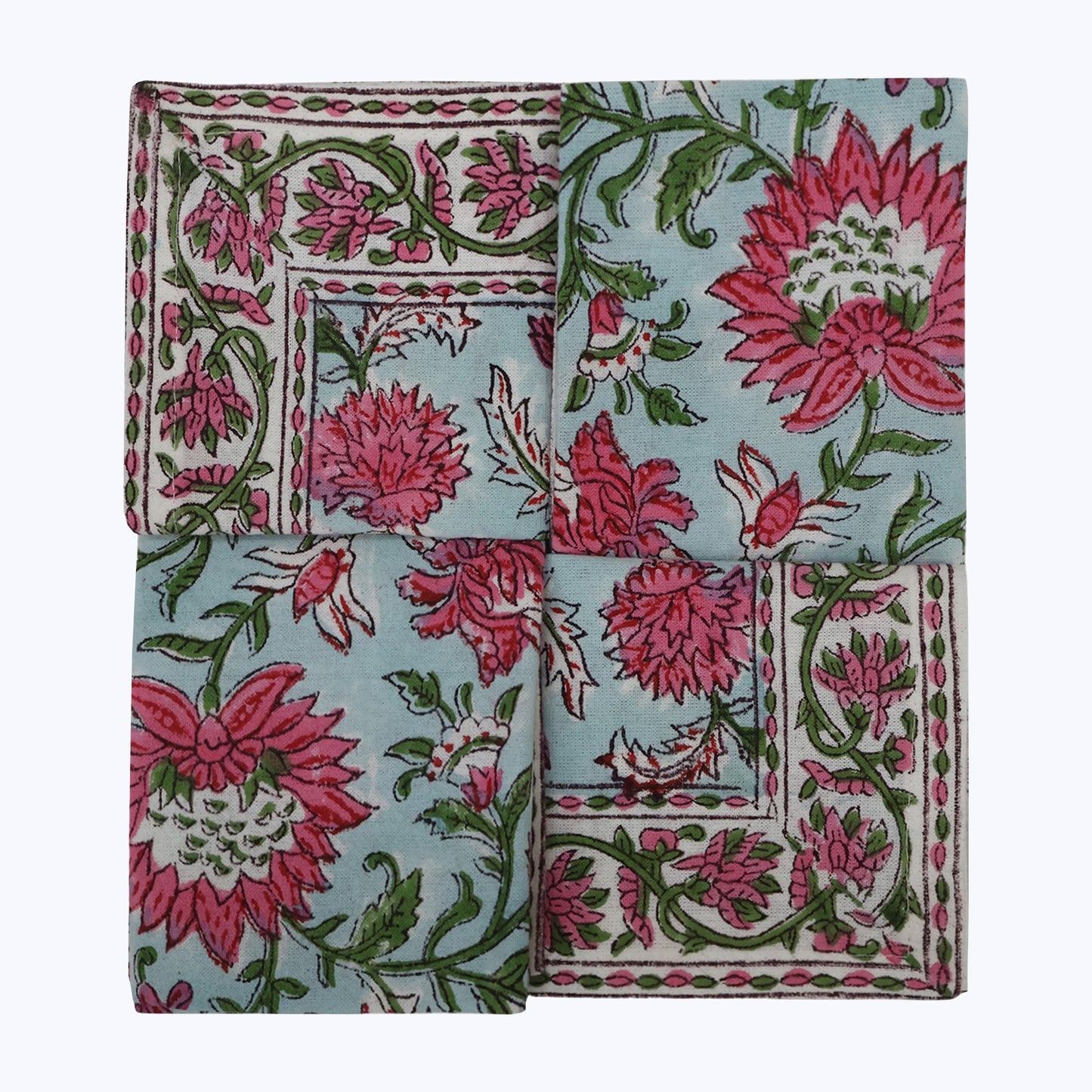 Red Withe Green Handmade Block Printed Cotton Napkins Set Of 4 - My Store