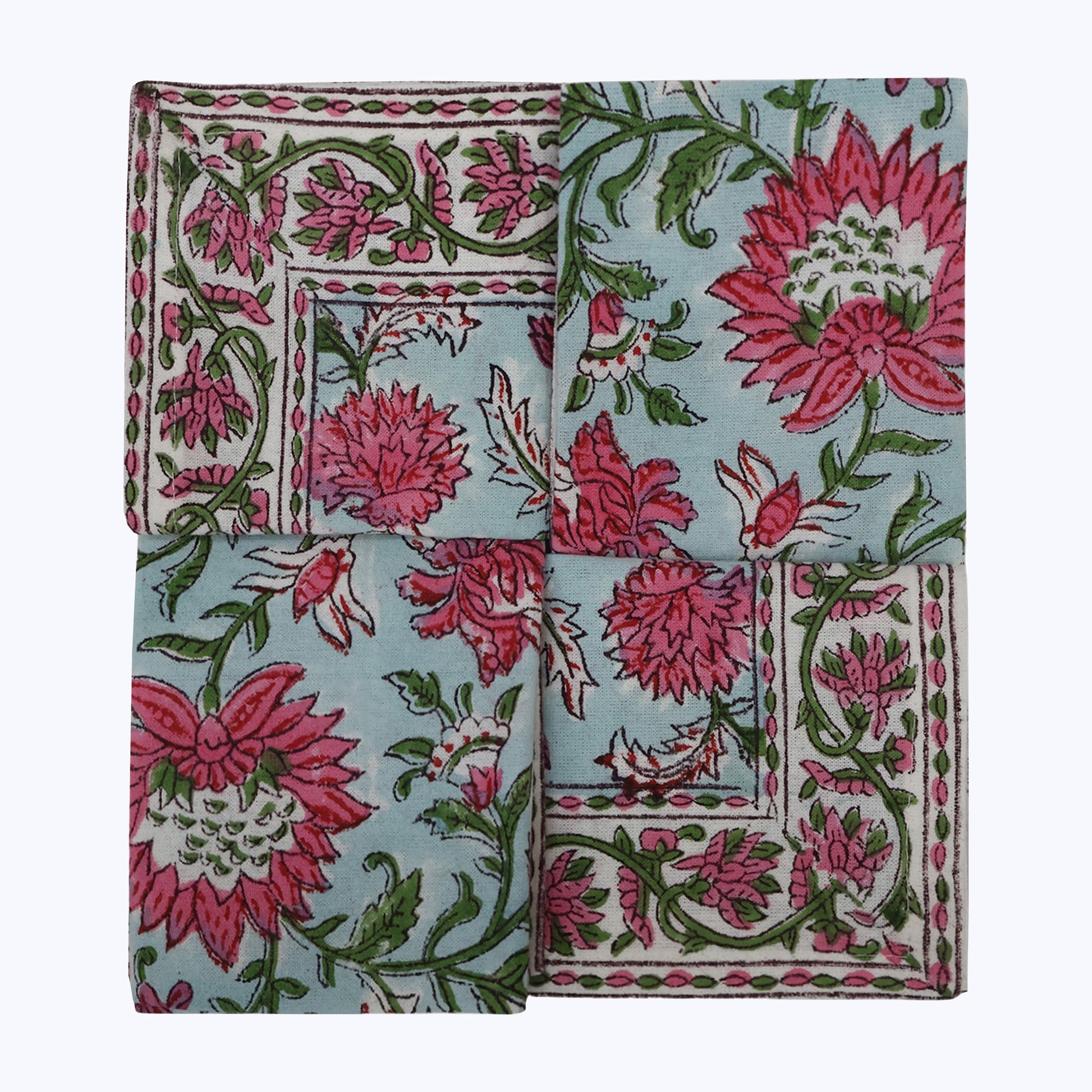 Red Withe Green Handmade Block Printed Cotton Napkins Set Of 4 - My Store