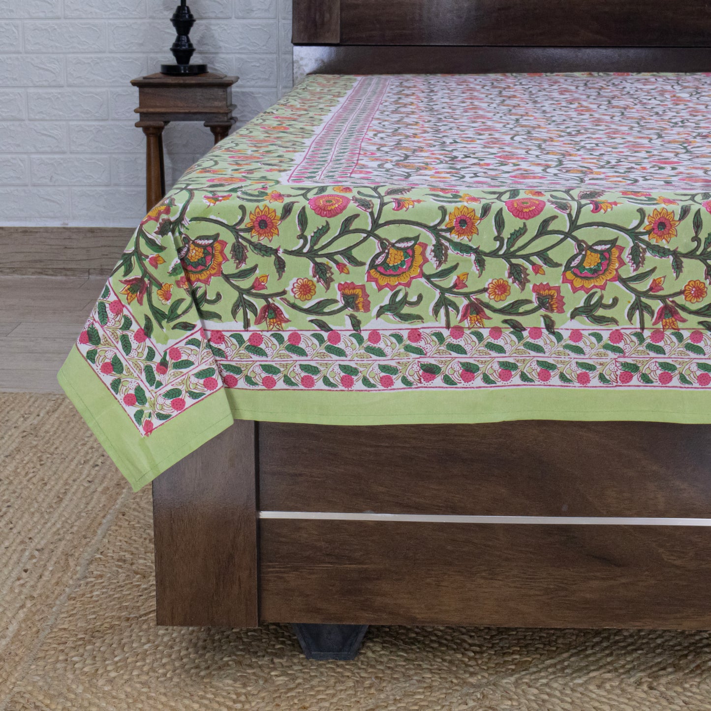 Cotton Bedsheet – Hand Block Floral Print – Green and Multicolor – King, Queen, Twin Sizes - My Store