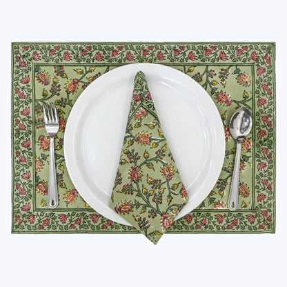 Green and Red Hand Block Printed Cotton Napkins Set Of 4 - My Store
