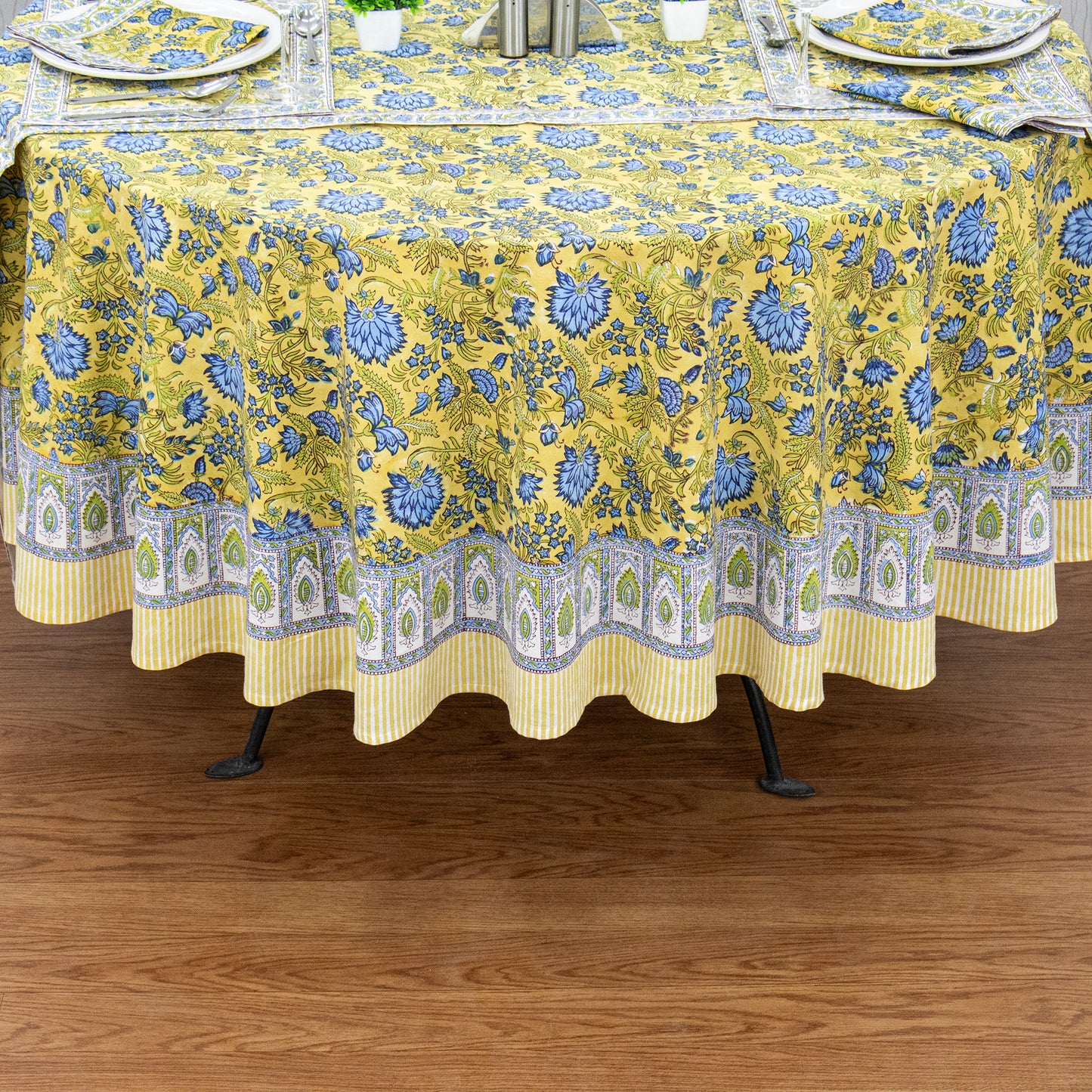 Yellow and Blue Handmade Round Cotton Tablecloth - My Store