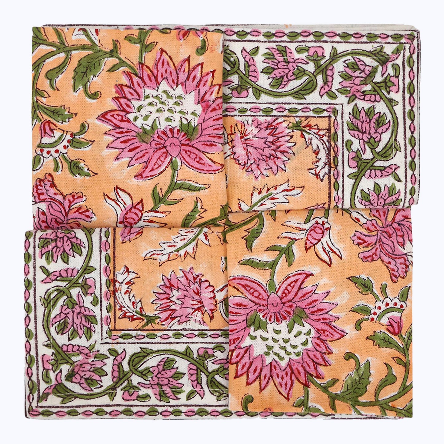 Orange and Pink Hand Block Printed Cotton Napkins Set Of 4 - My Store