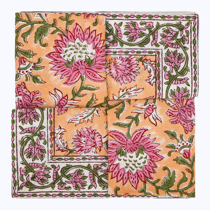 Orange and Pink Hand Block Printed Cotton Napkins Set Of 4 - My Store