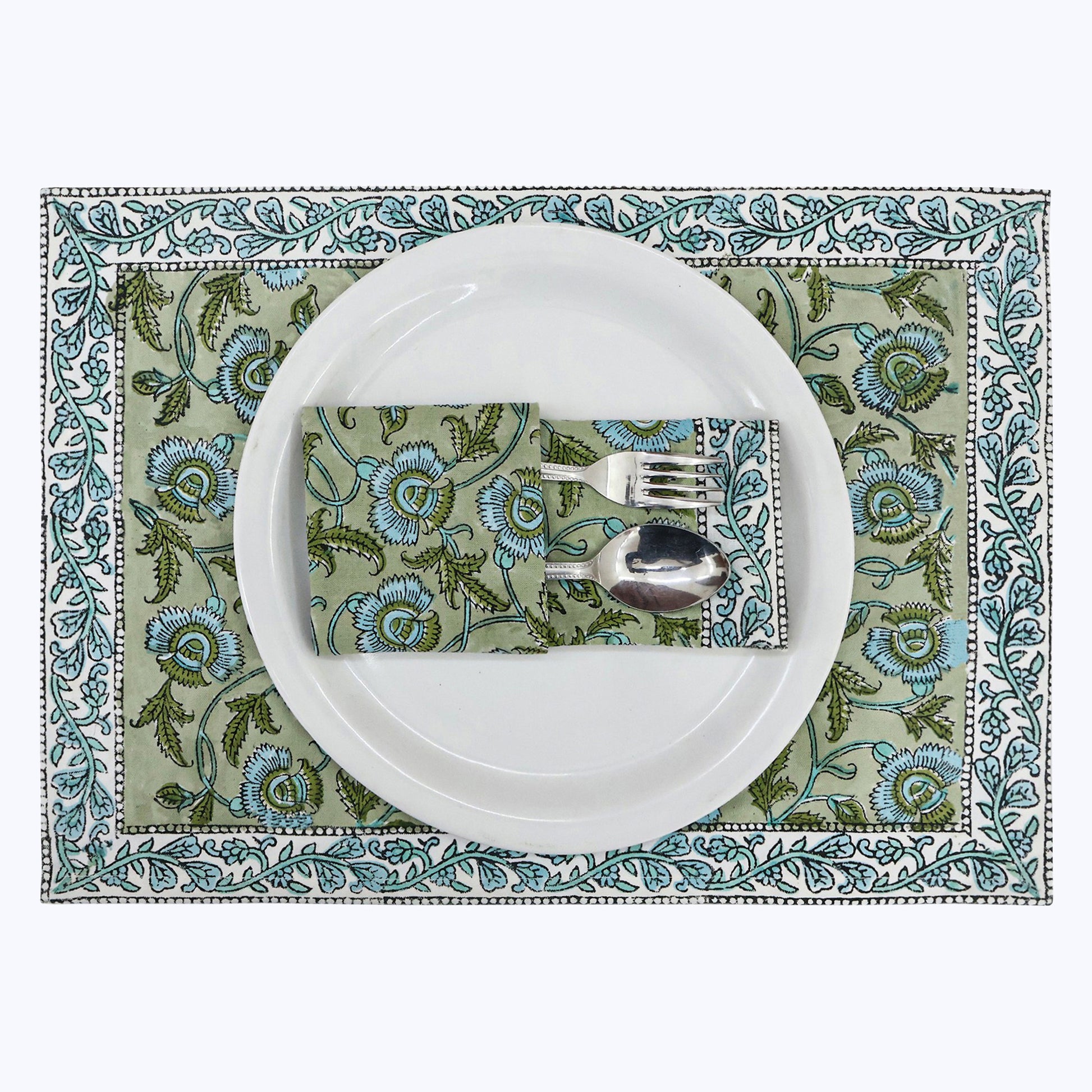 Green With Blue Handmade Block Printed Cotton Napkins Set Of 4 - My Store