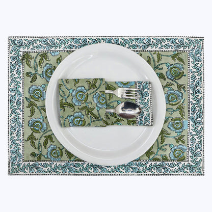 Green With Blue Handmade Block Printed Cotton Napkins Set Of 4 - My Store