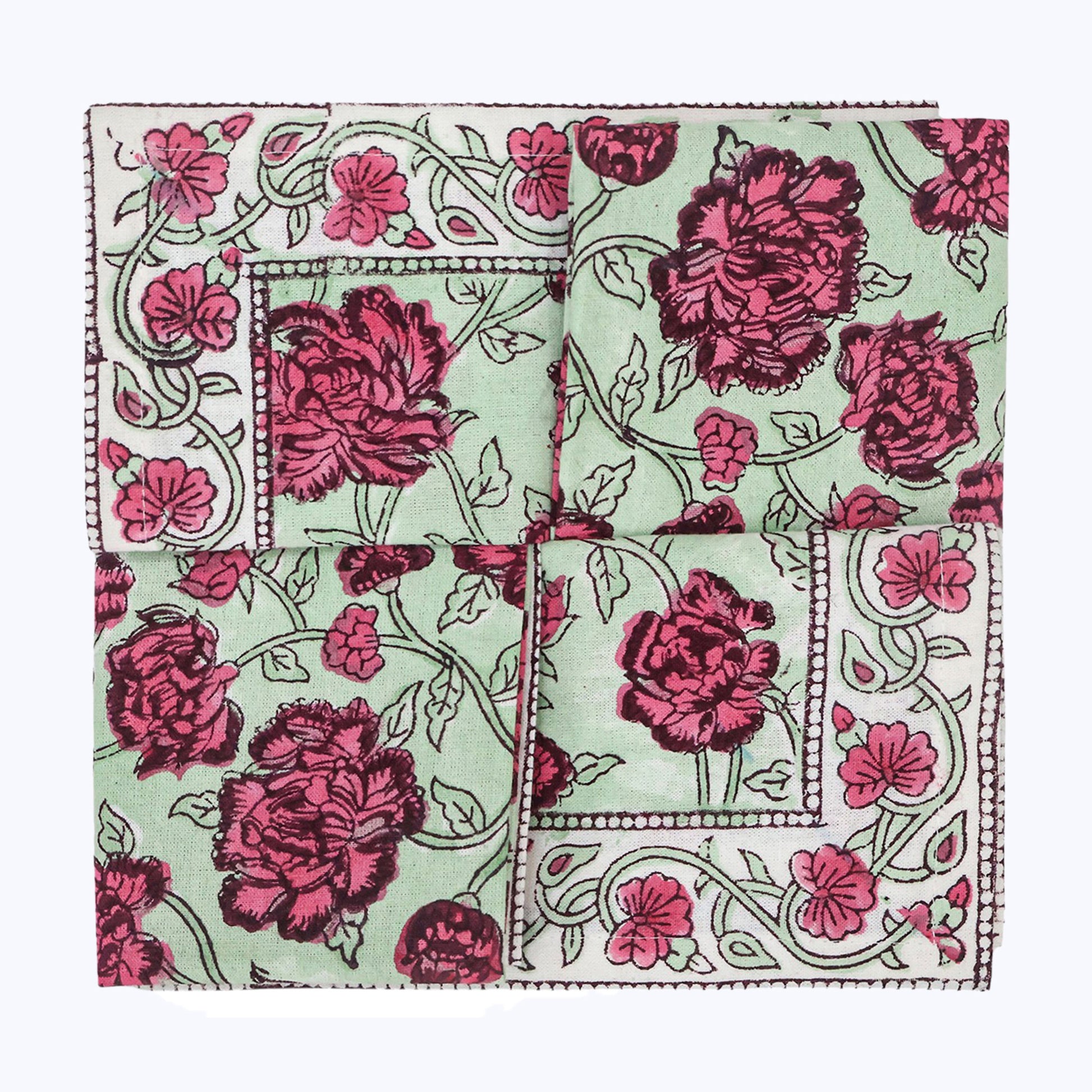Pink and Green Handmade Block Printed Cotton Napkins Set Of 4 - My Store