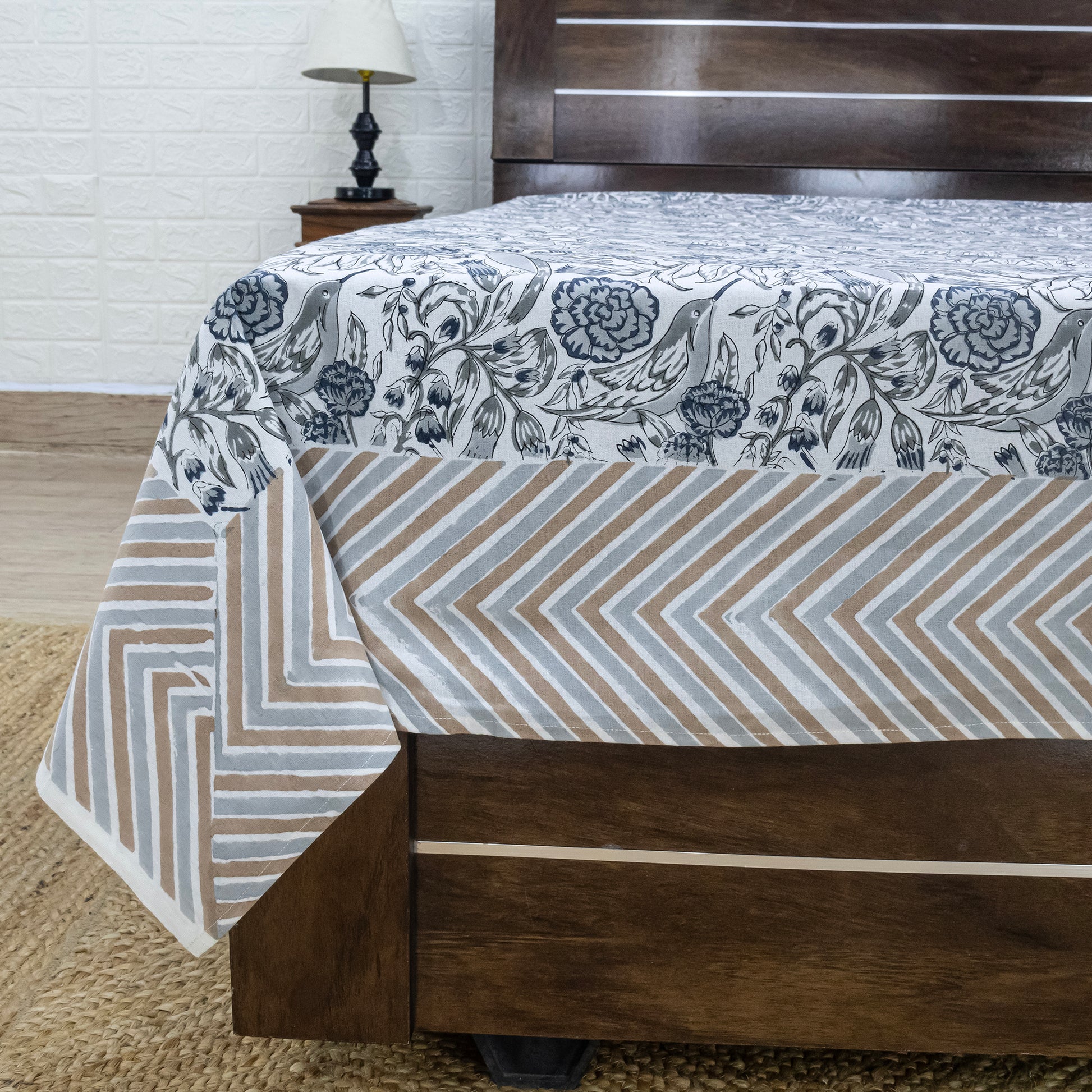 Indian Handmade Block Printed White and Gray Floral Pattern Cotton Bed sheet For living Room, Kids Room - My Store