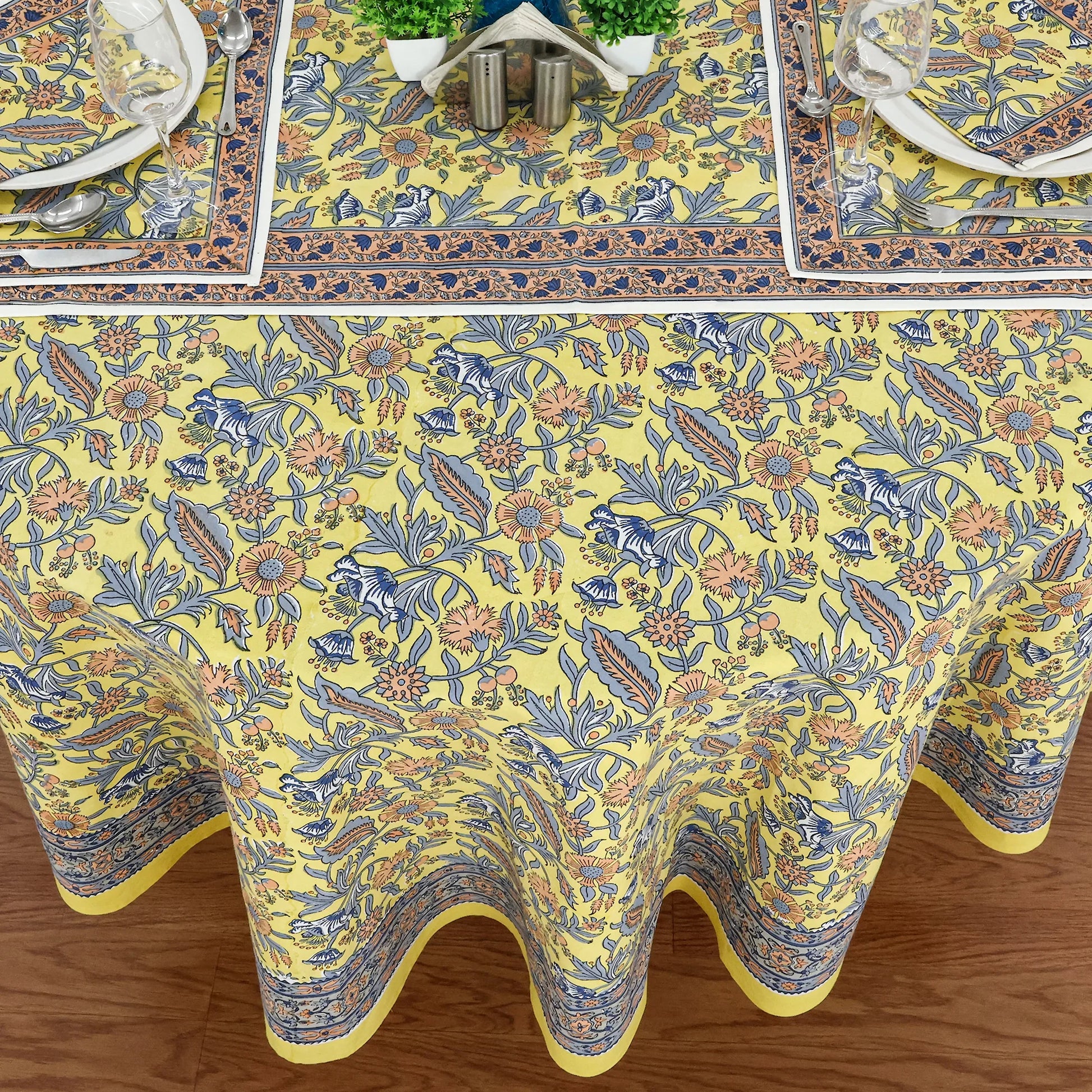 Blue & Yellow Cotton Hand Block Printed Round Tablecloth - My Store