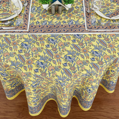 Blue & Yellow Cotton Hand Block Printed Round Tablecloth - My Store