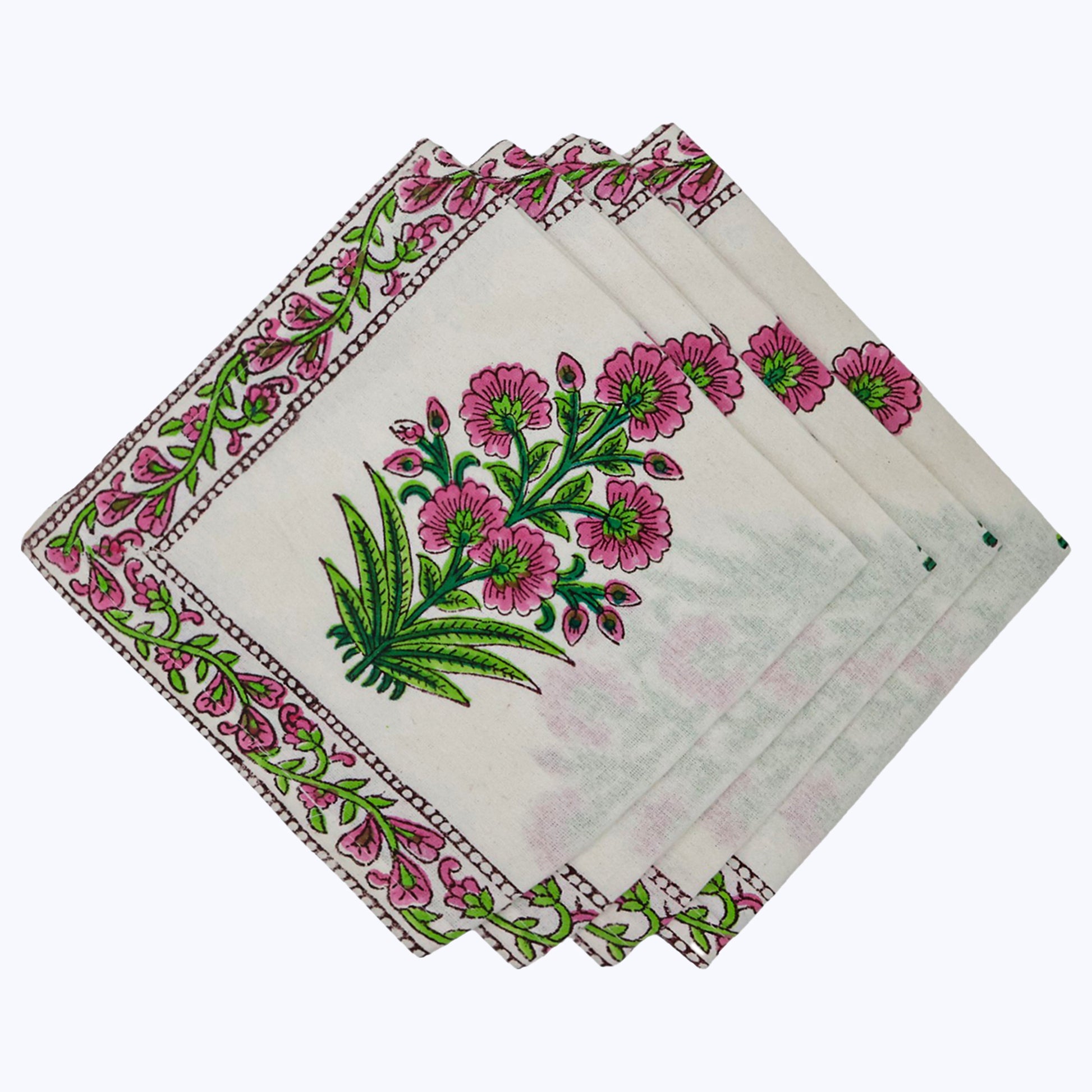 Pink and White Handmade Block Printed Cotton Napkins Set Of 4 - My Store