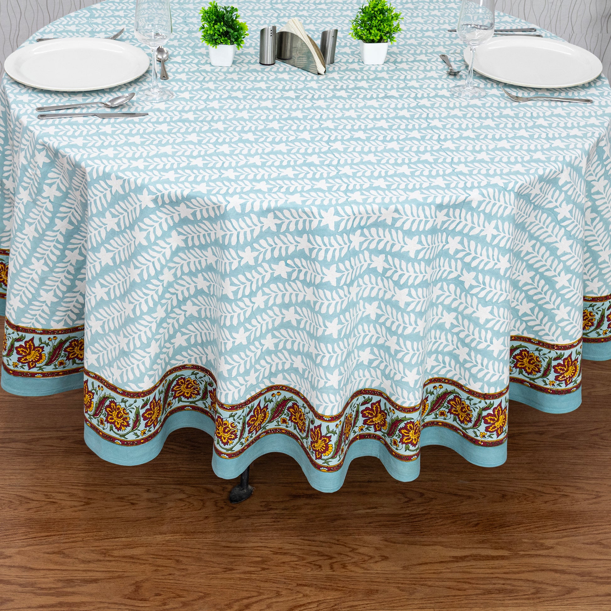 Blue and Green Handmade Block Printed Cotton Tablecloth - My Store