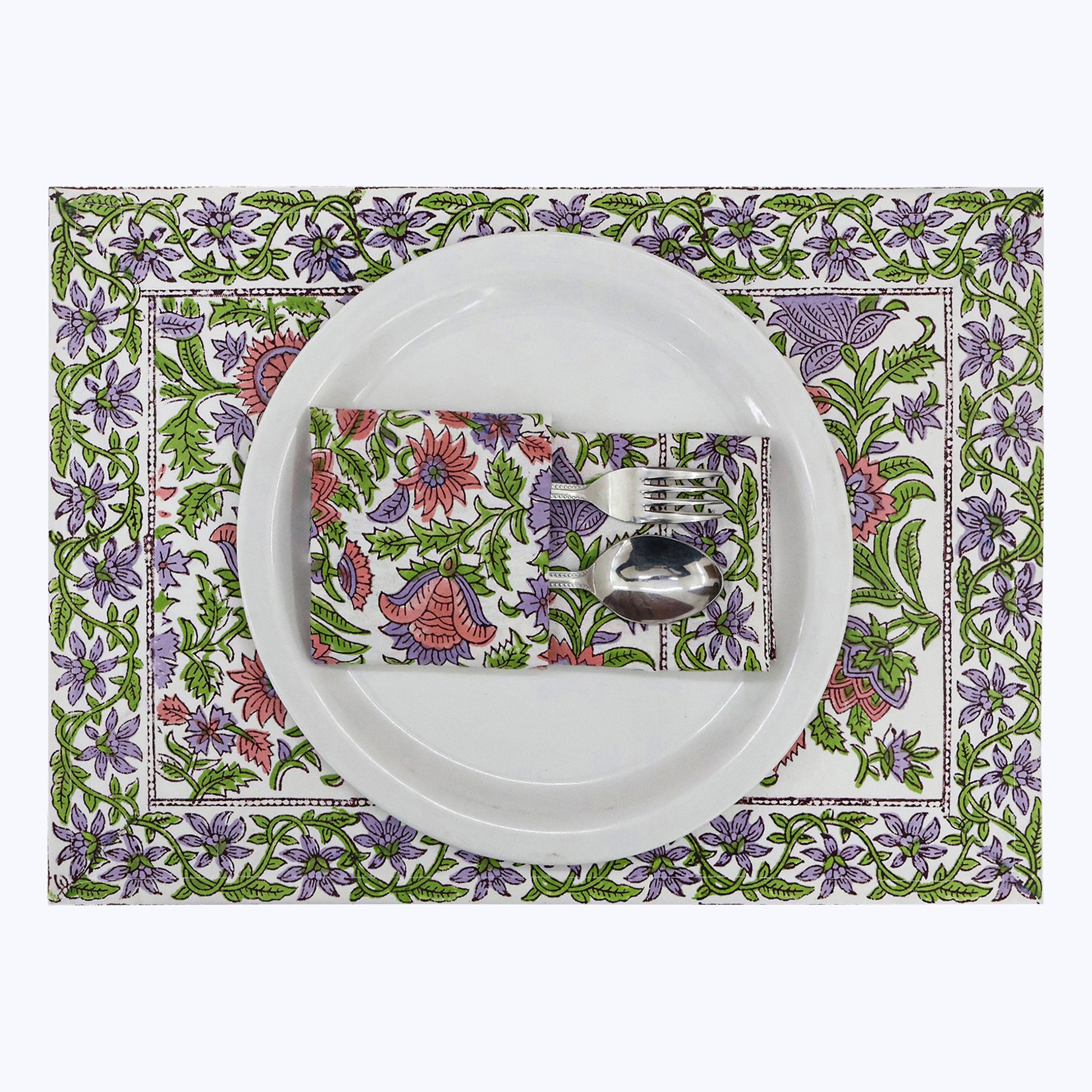 Purple and Green Hand Block Printed Cotton Napkins Set Of 4 - My Store