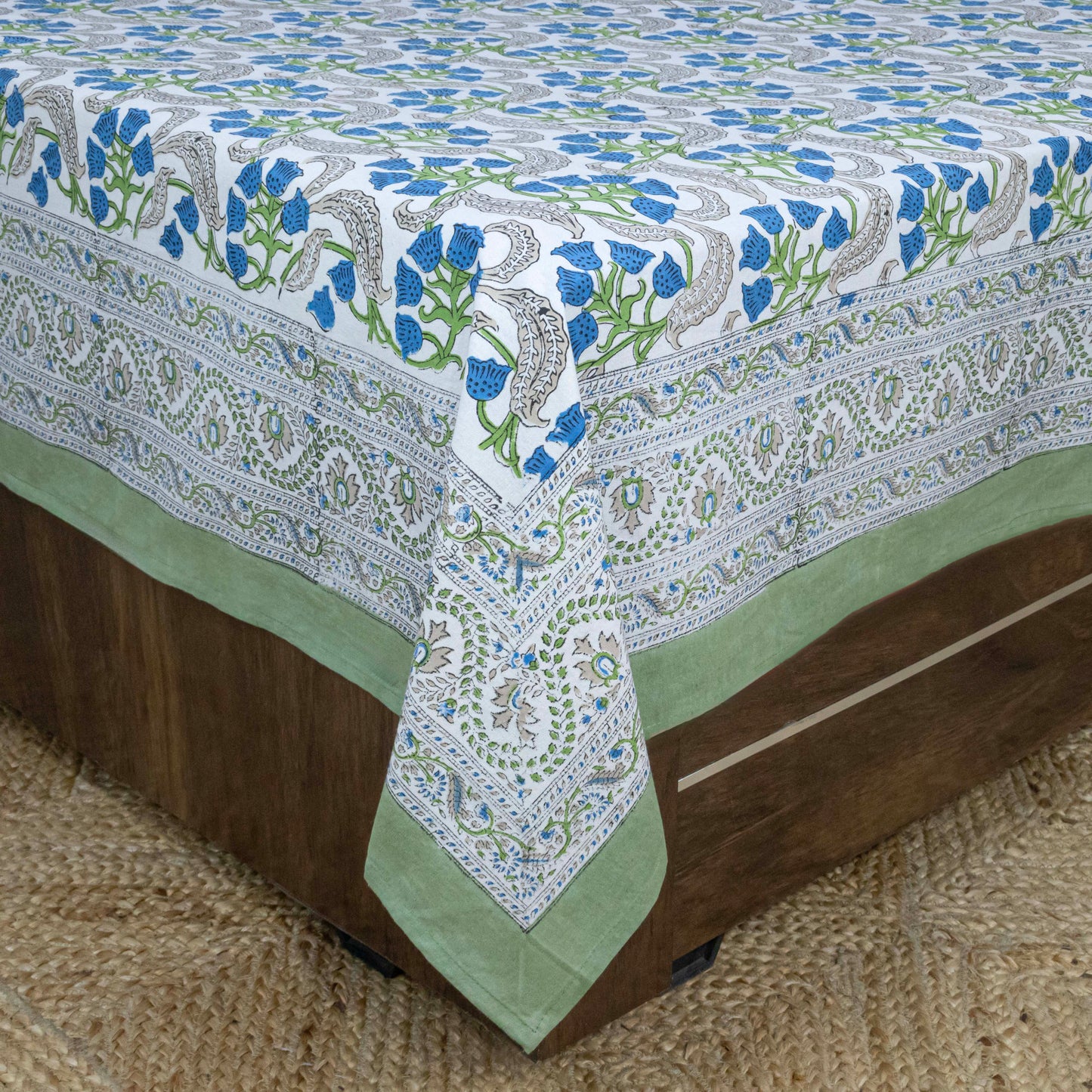 Cotton Bedsheet – Hand Block Floral Print – White & Green – King, Queen, Twin Sizes - My Store