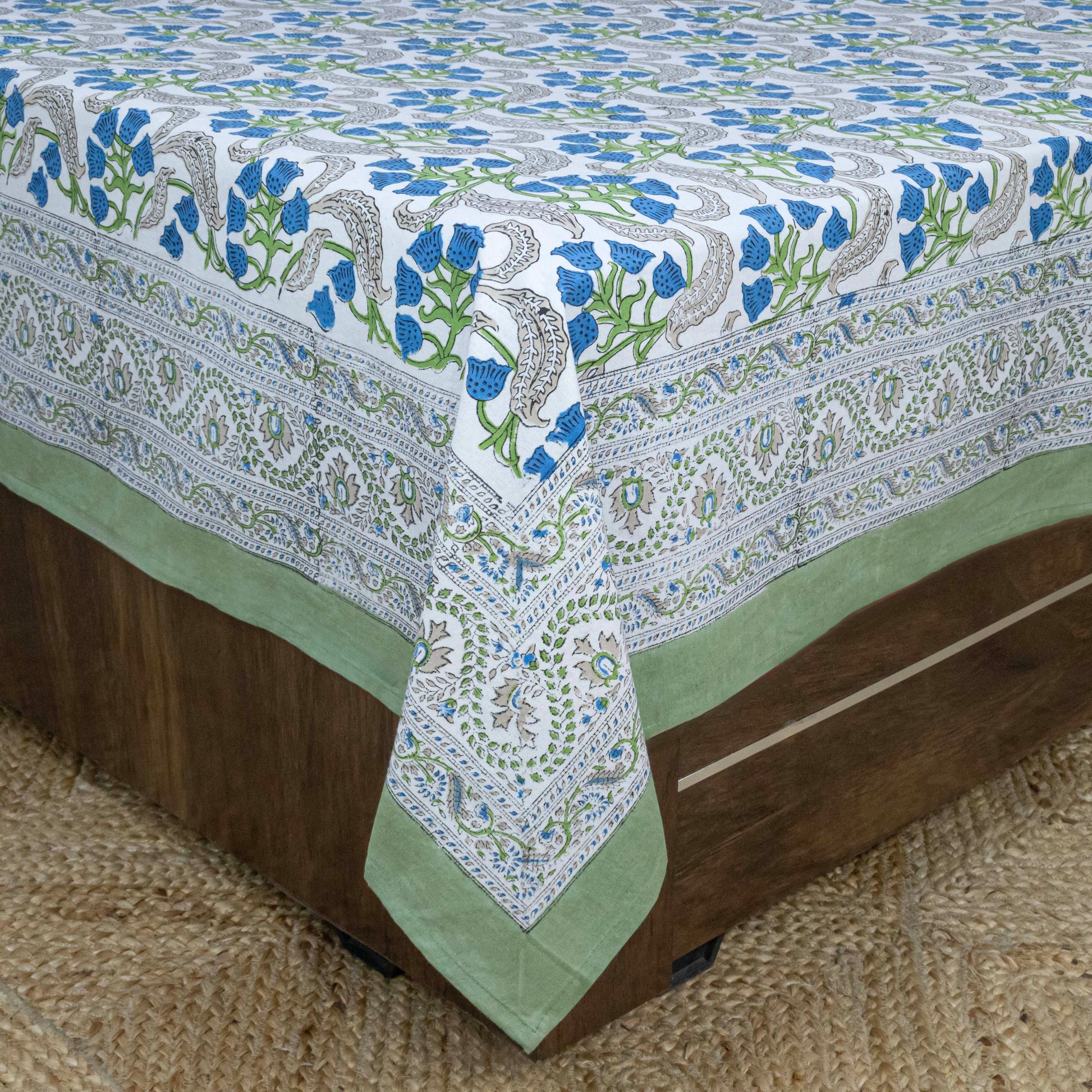 Cotton Bedsheet – Hand Block Floral Print – White & Green – King, Queen, Twin Sizes - My Store