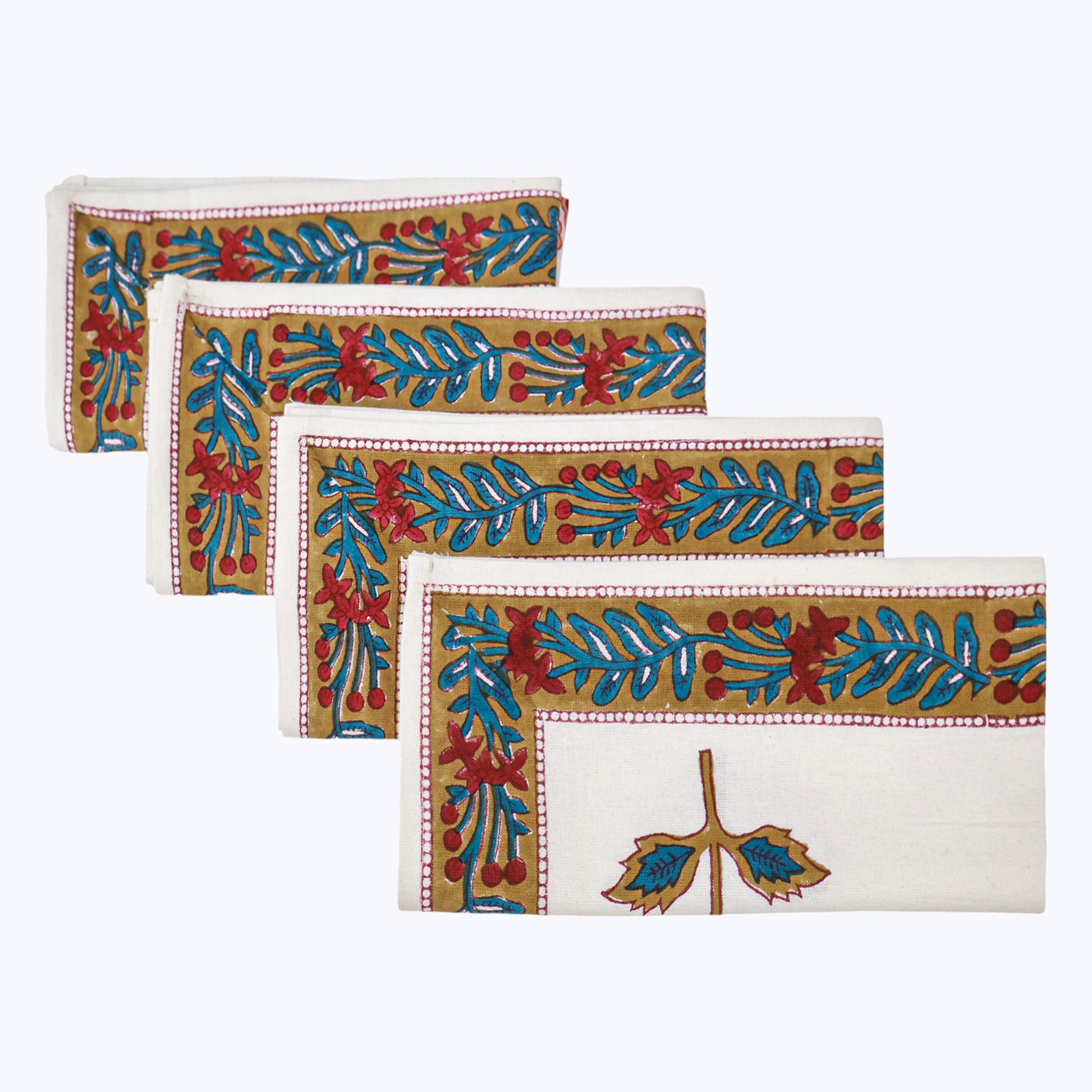 Red and White Hand Block Printed Cotton Napkins Set Of 4 - My Store