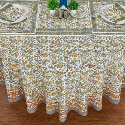 Grey and White Floral Block Printed Table Cloth For Valentine Decor - My Store