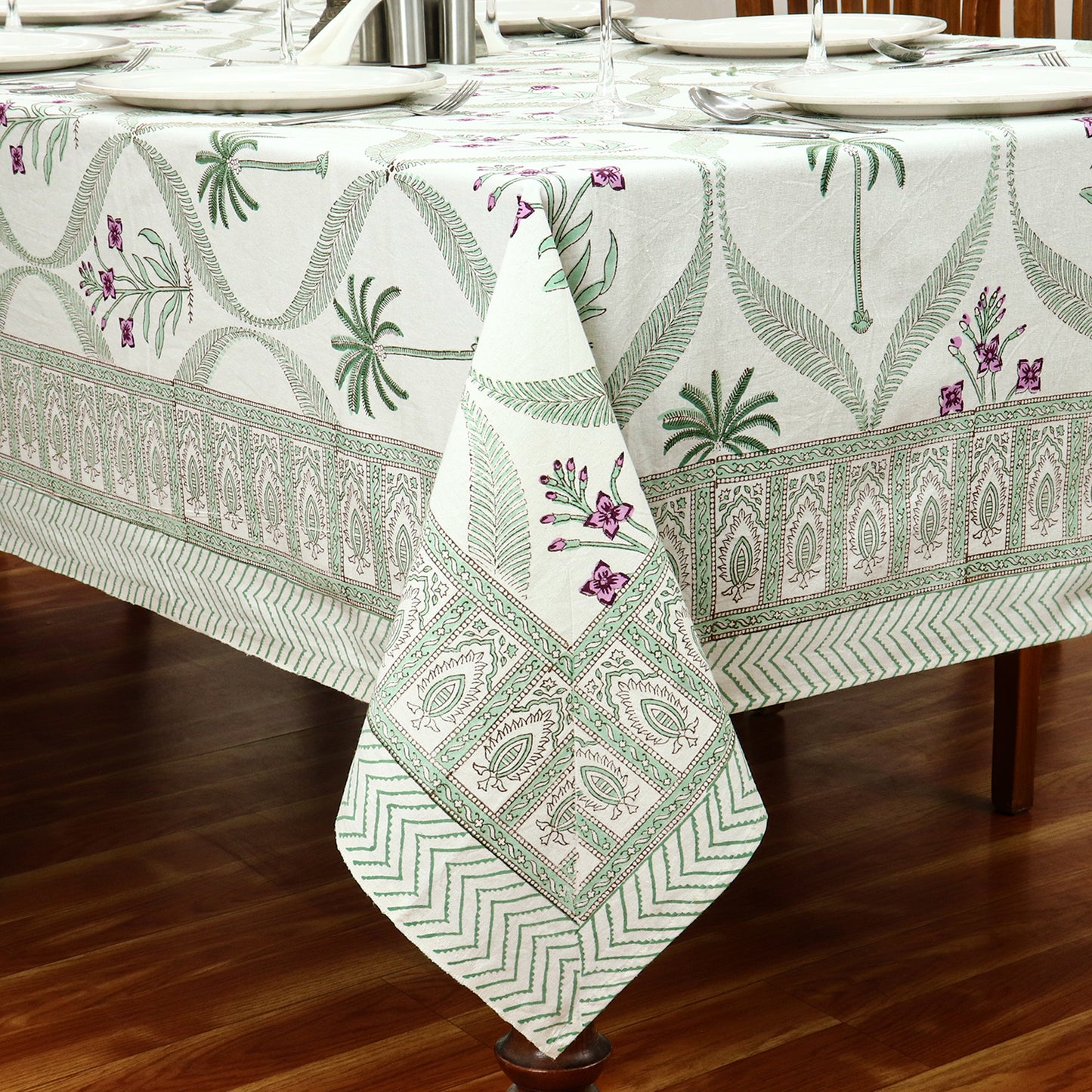 Green and Yellow Floral Table Cloth, Block Print Table Cover - My Store