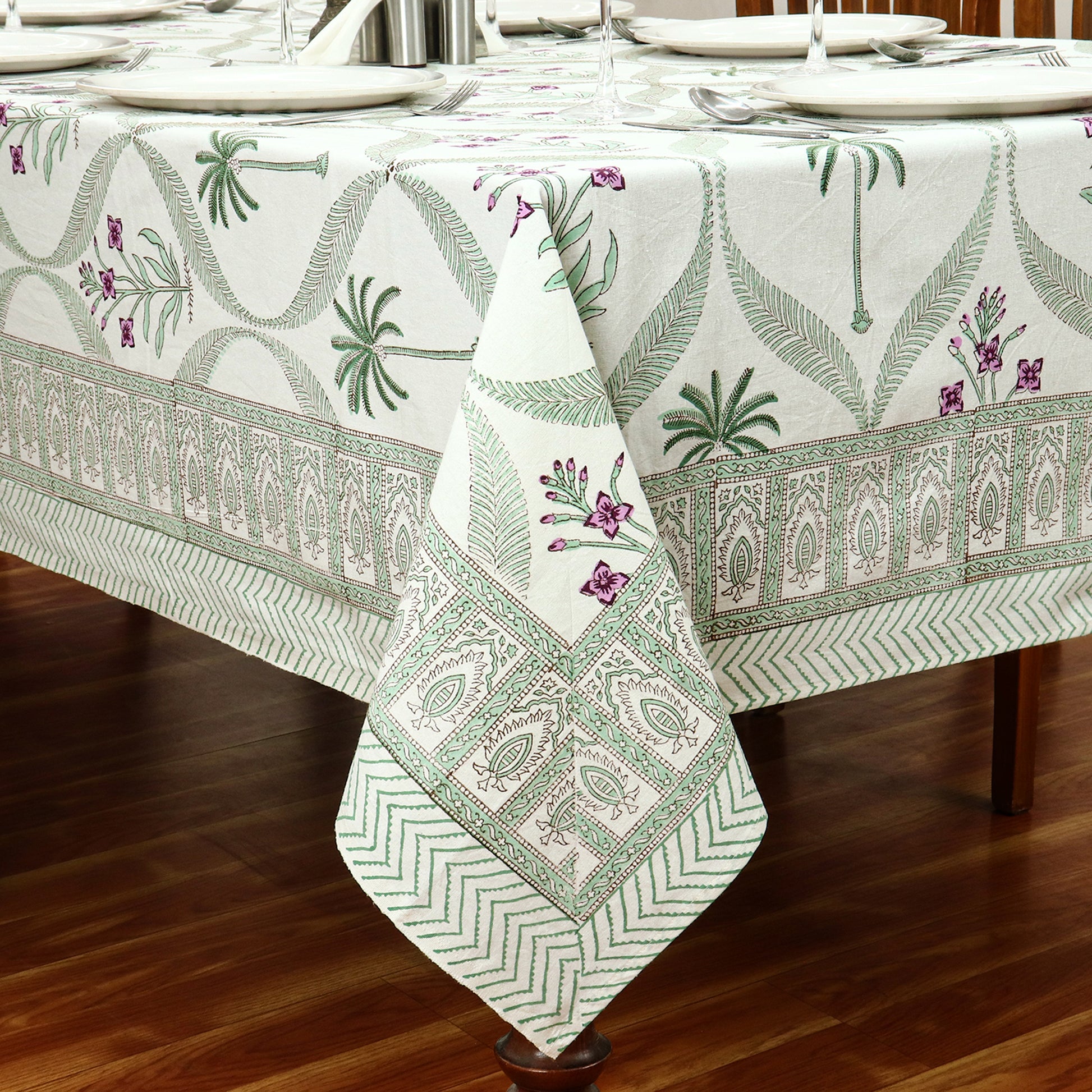 Green and Yellow Floral Table Cloth, Block Print Table Cover - My Store