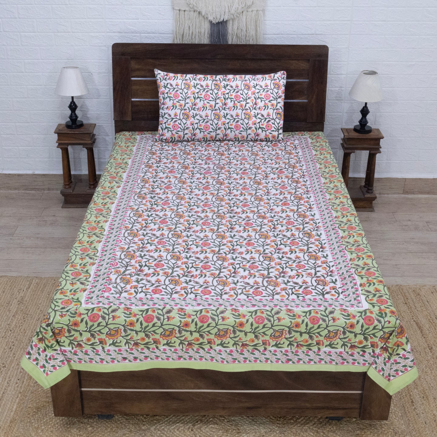 Cotton Bedsheet – Hand Block Floral Print – Green and Multicolor – King, Queen, Twin Sizes - My Store