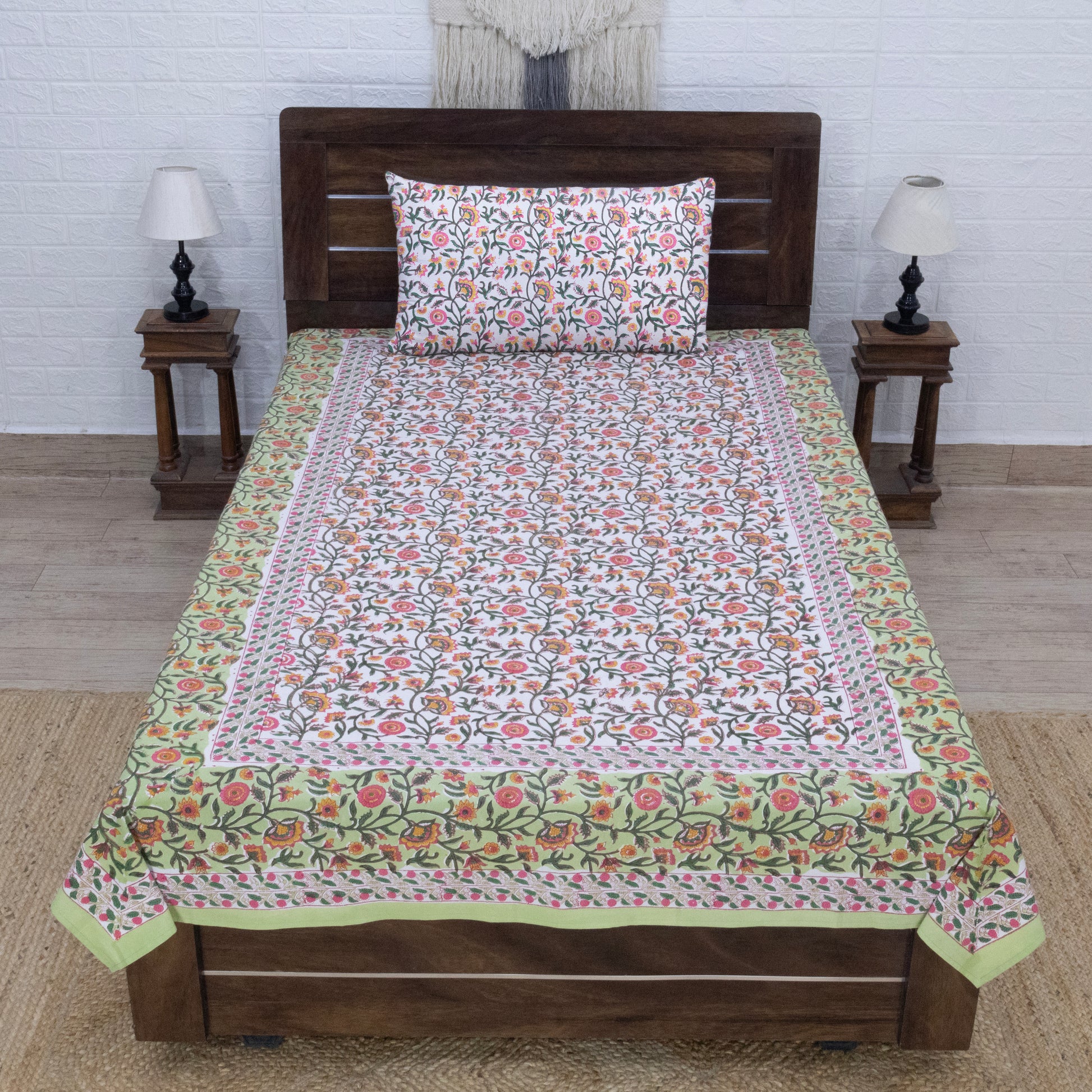 Cotton Bedsheet – Hand Block Floral Print – Green and Multicolor – King, Queen, Twin Sizes - My Store