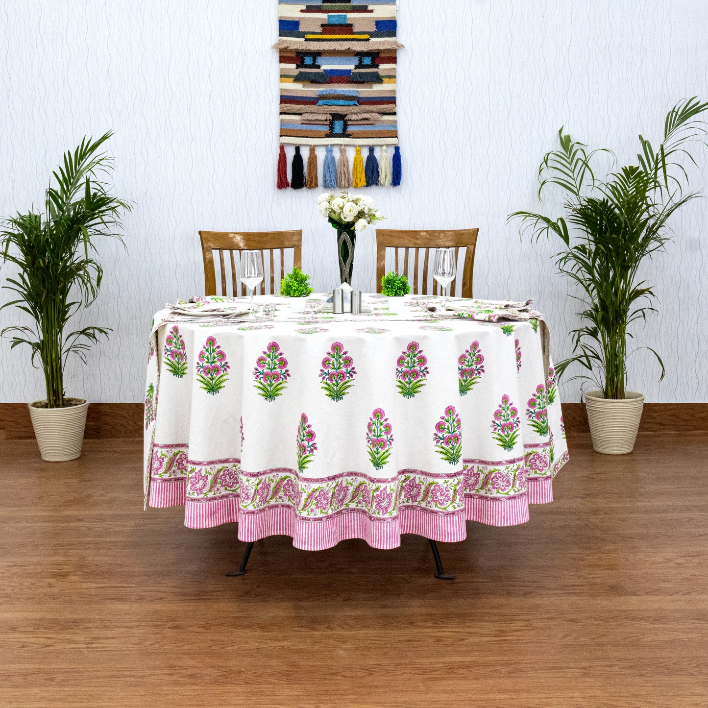 White and Pink Handmade Block Printed Cotton Tablecloth - My Store