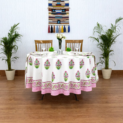 White and Pink Handmade Block Printed Cotton Tablecloth - My Store