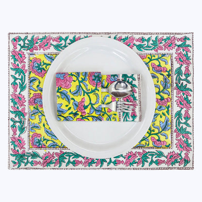 Yellow and Pink Hand Block Printed Cotton Napkins Set Of 4 - My Store