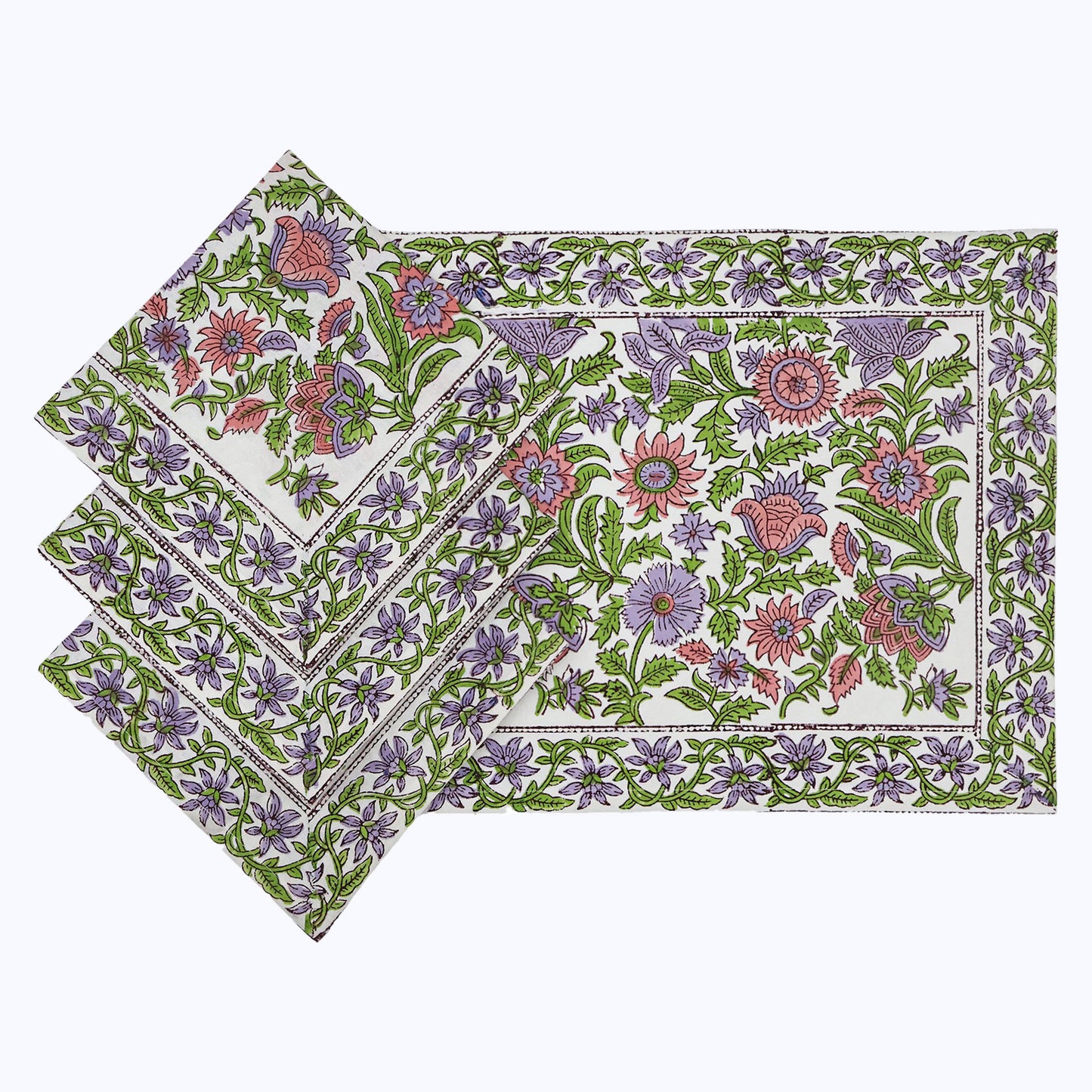 Purple and Green Hand Block Printed Cotton Napkins Set Of 4 - My Store