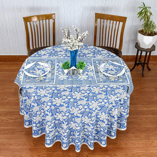 Cerulean Blue Base and White Floral Hand Block Printed Cotton - My Store