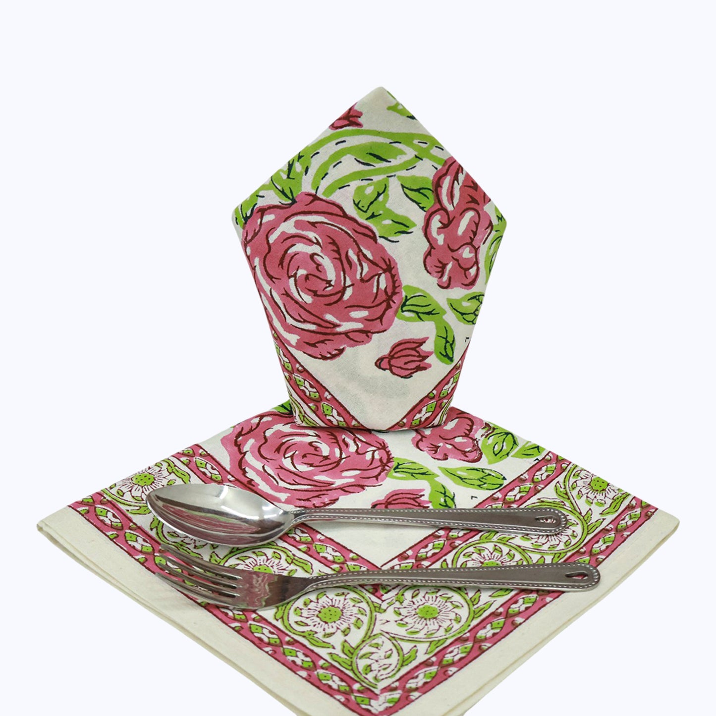 Pink and Green Hand Block Printed 4 Pieces Cotton Napkins - My Store