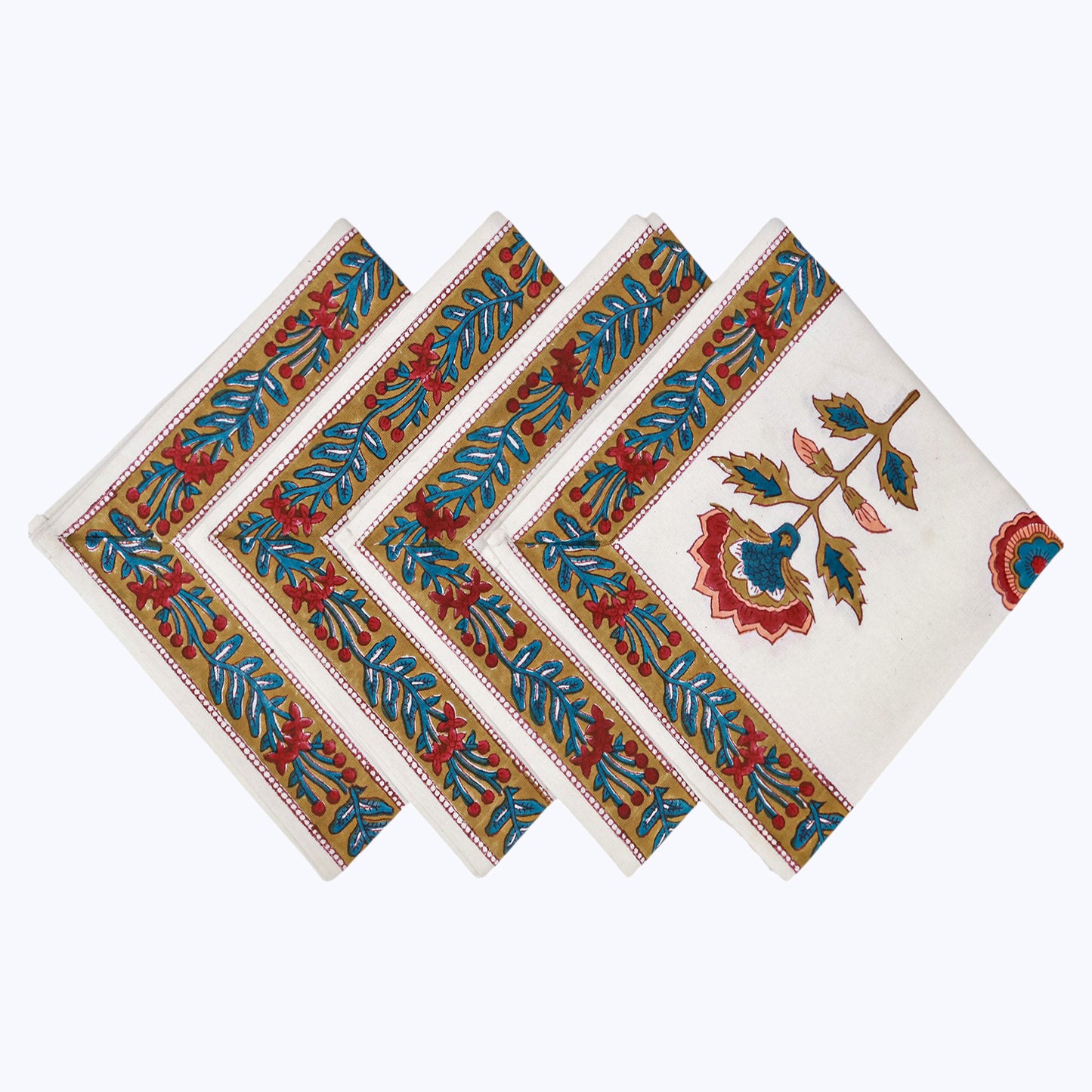 Red and White Hand Block Printed Cotton Napkins Set Of 4 - My Store