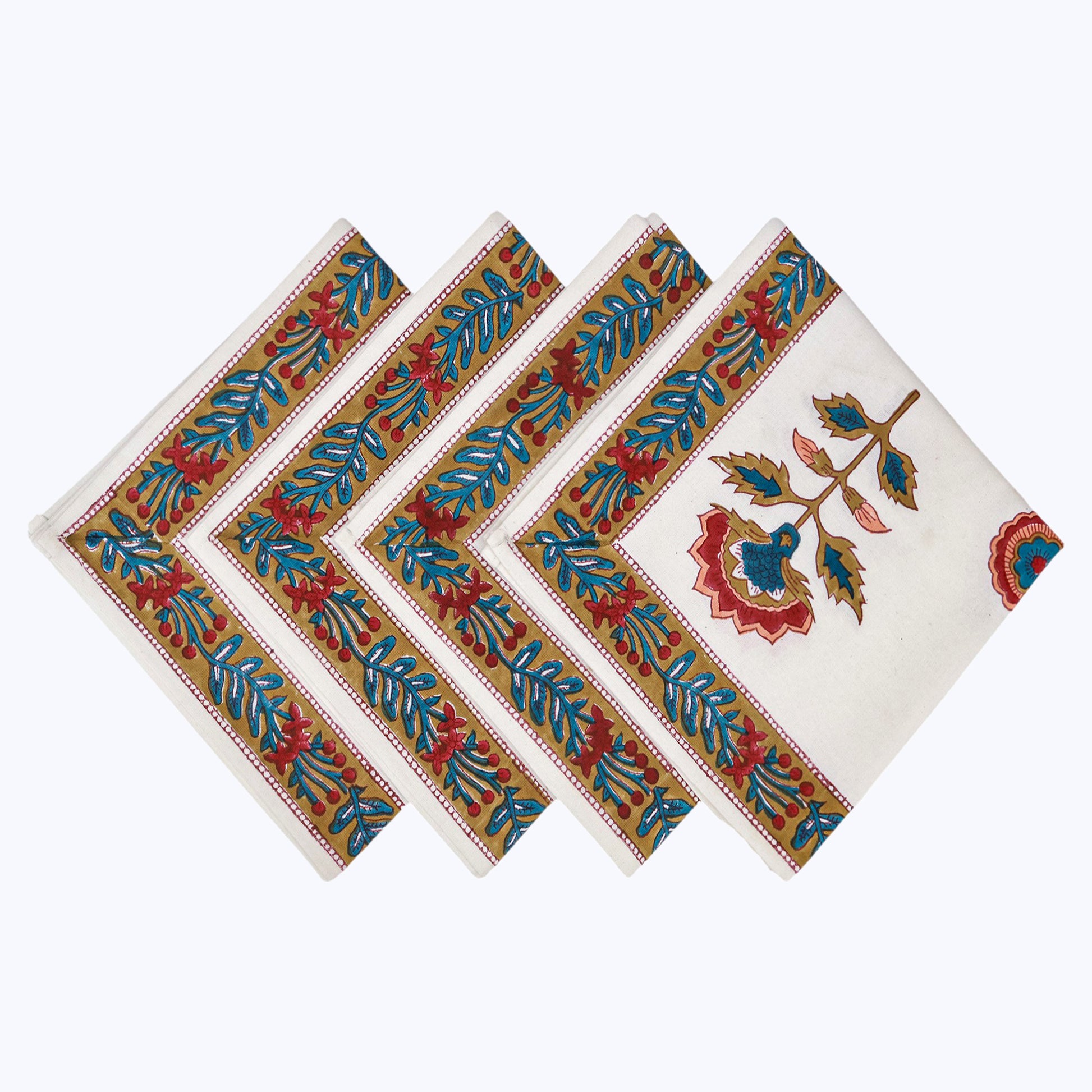 Red and White Hand Block Printed Cotton Napkins Set Of 4 - My Store