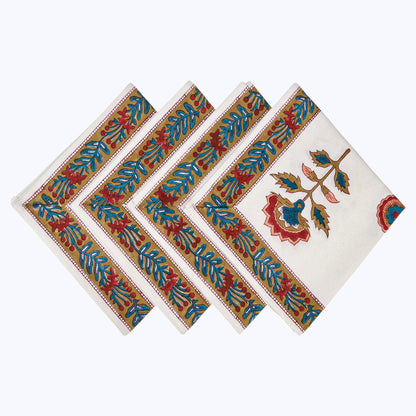 Red and White Hand Block Printed Cotton Napkins Set Of 4 - My Store