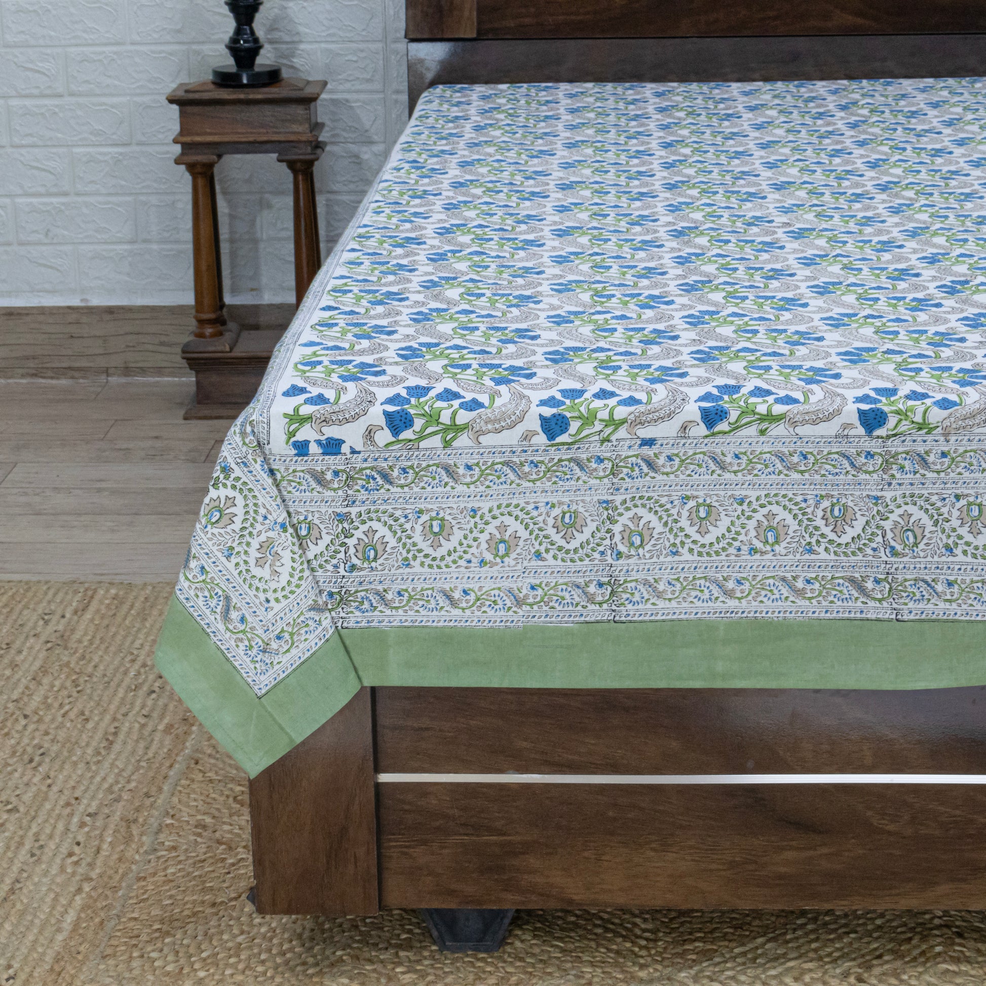 Cotton Bedsheet – Hand Block Floral Print – White & Green – King, Queen, Twin Sizes - My Store