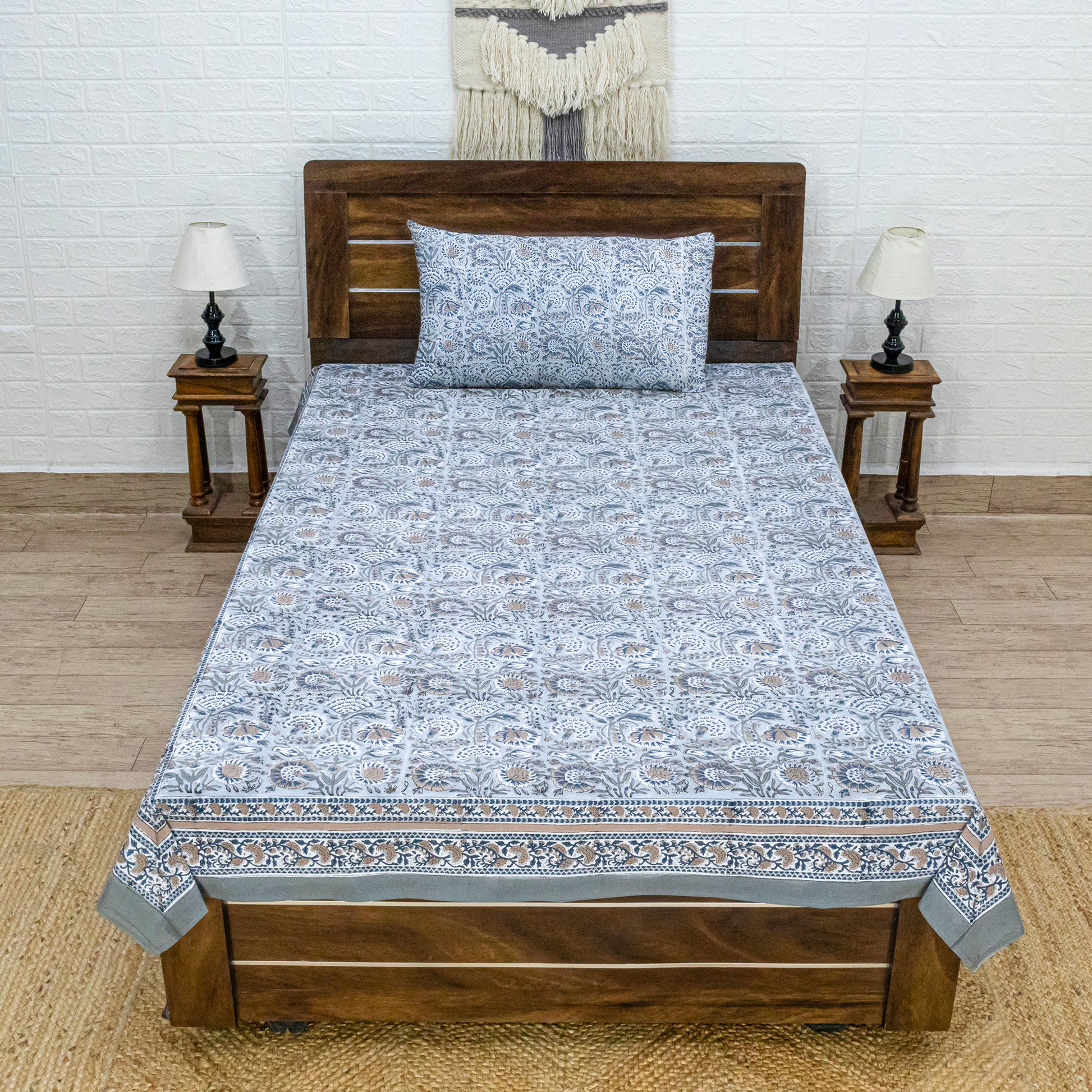 Indian Handmade Block Printed Gray and Brown Floral Pattern Cotton Bed sheet For living Room, Kids Room - My Store