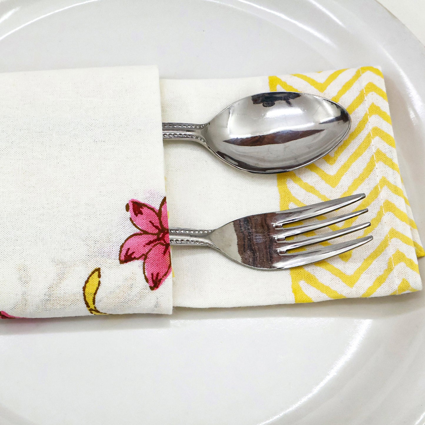 Yellow and Red Hand Block Printed Cotton Napkins Set Of 4 - My Store