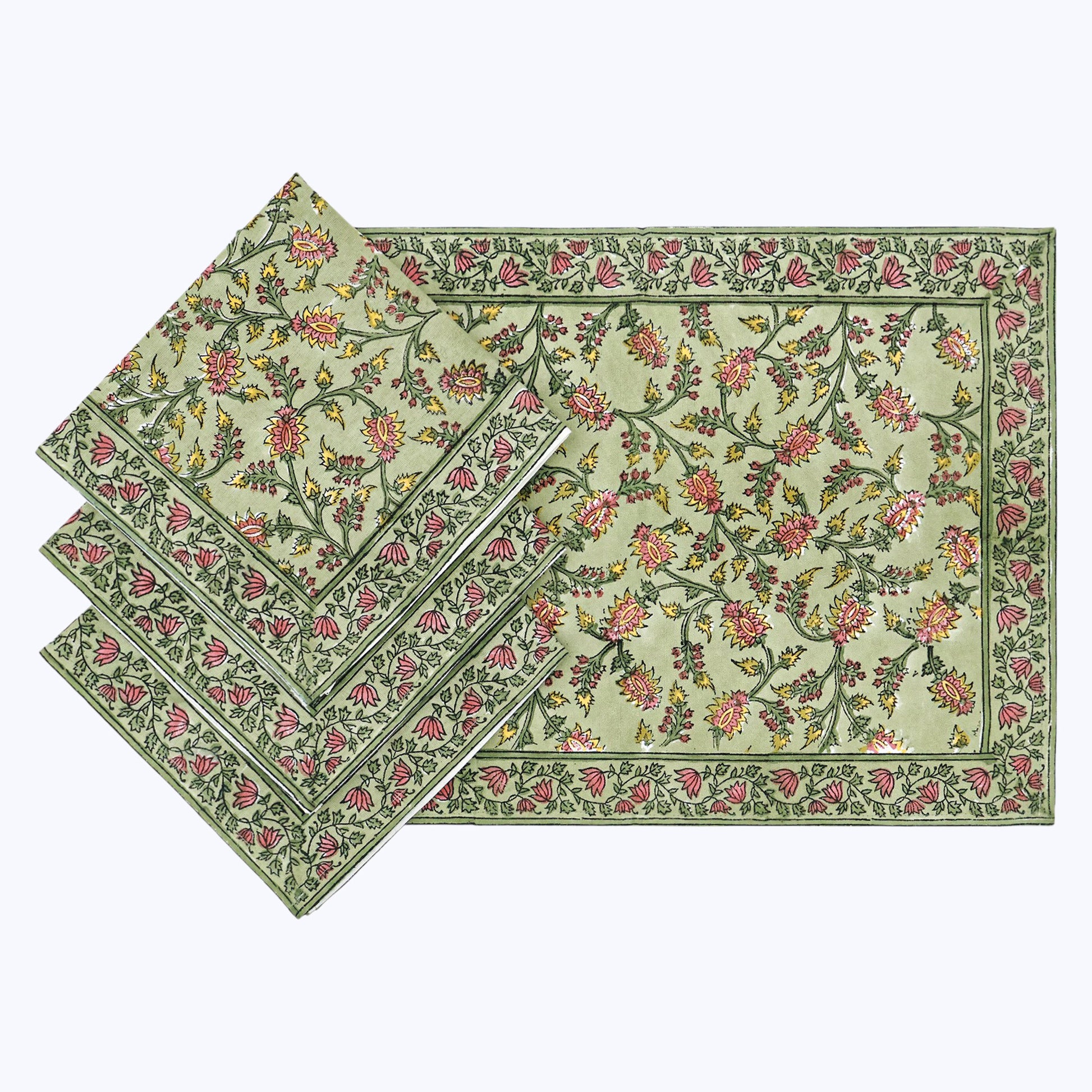 Green and Red Hand Block Printed Cotton Napkins Set Of 4 - My Store
