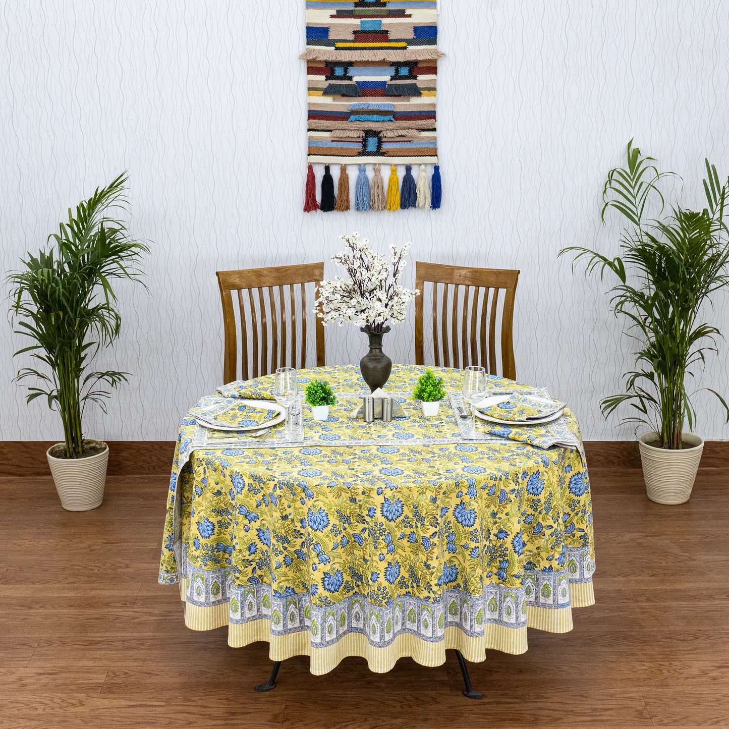 Yellow and Blue Handmade Round Cotton Tablecloth - My Store