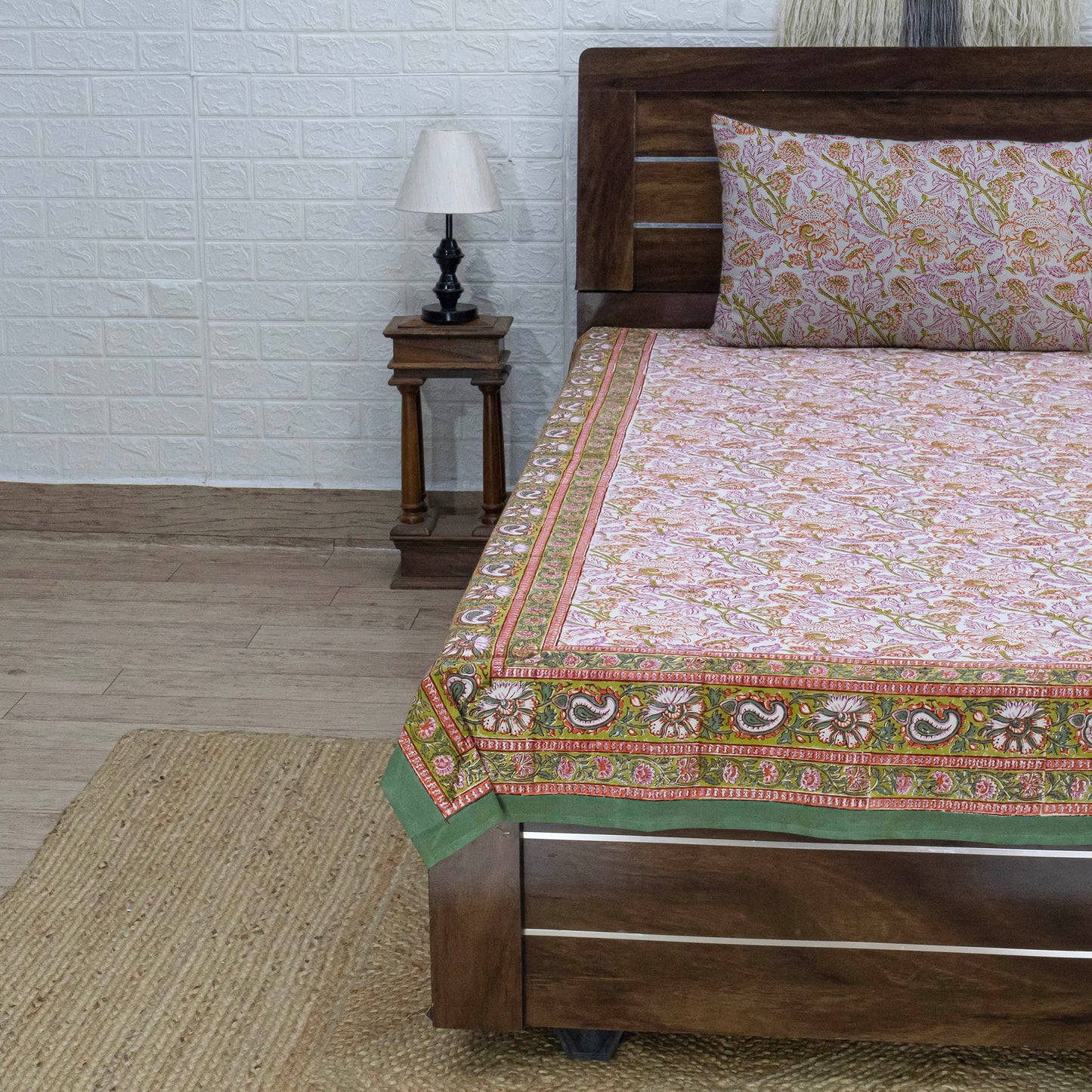 Cotton Bedsheet – Hand Block Floral Print – Pink & Brown – King, Queen, Twin Sizes - My Store