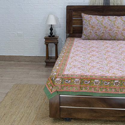 Cotton Bedsheet – Hand Block Floral Print – Pink & Brown – King, Queen, Twin Sizes - My Store