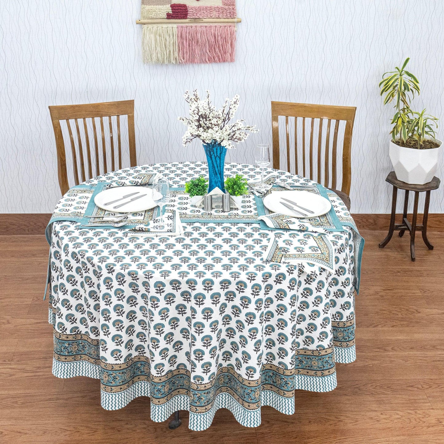 Teal Blue and White Floral Table Cloth, Block Printed Table Cover - My Store