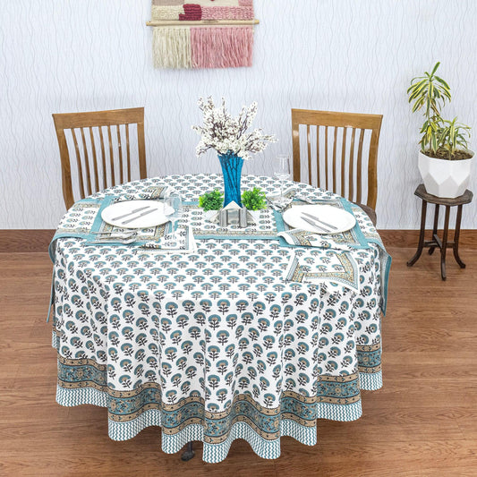 Teal Blue and White Floral Table Cloth, Block Printed Table Cover - My Store