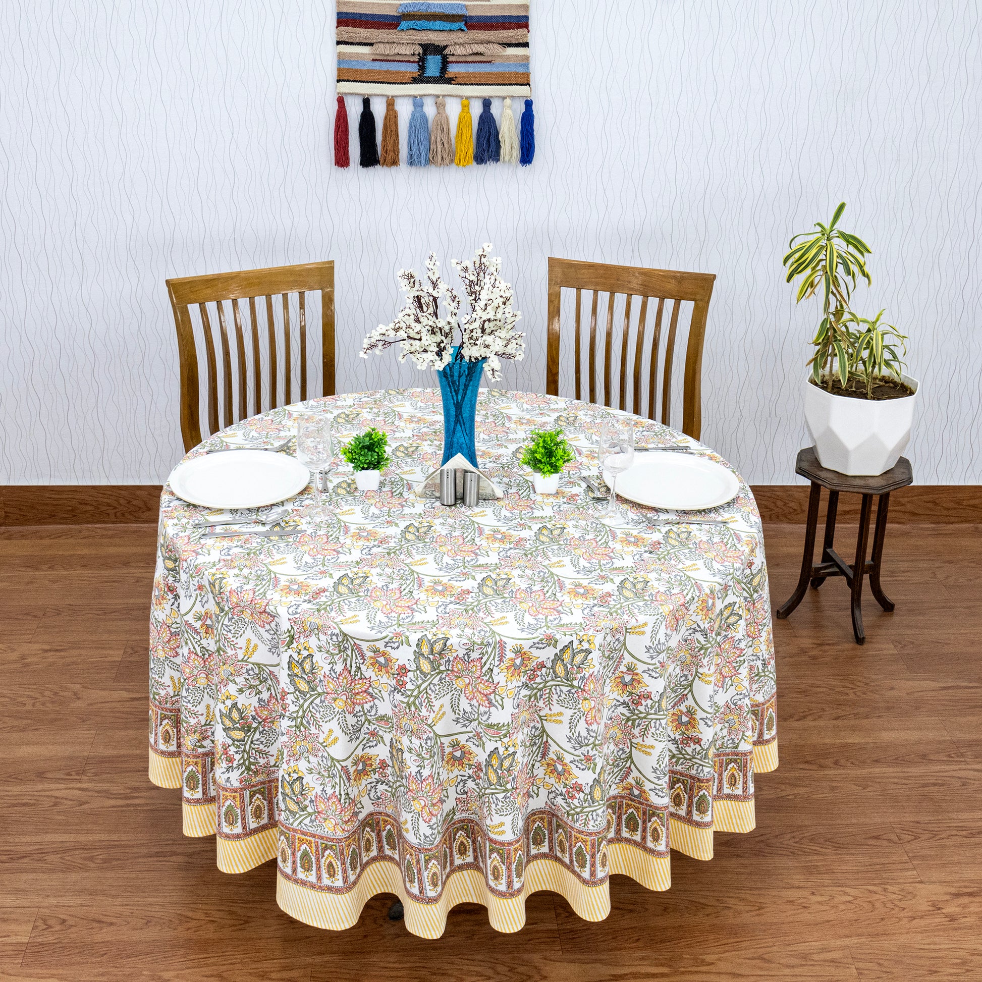 Teal Blue and White Floral Table Cloth, Block Printed Table Cover, Round Table Cloth - My Store